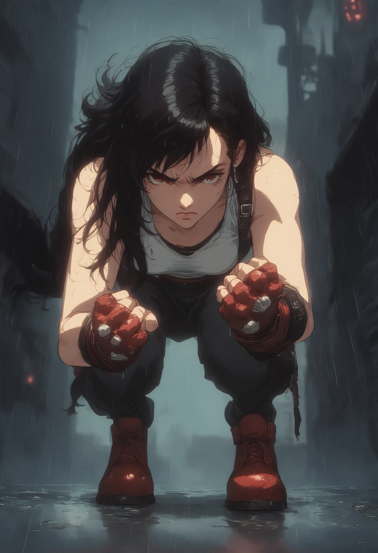 score_9, score_8_up, score_7_up, score_6_up, score_5_up, score_4_up,
solo, 
tifa lockhart, action sequence, thin, fist focus, factory, rain, tilted head, fist focus,