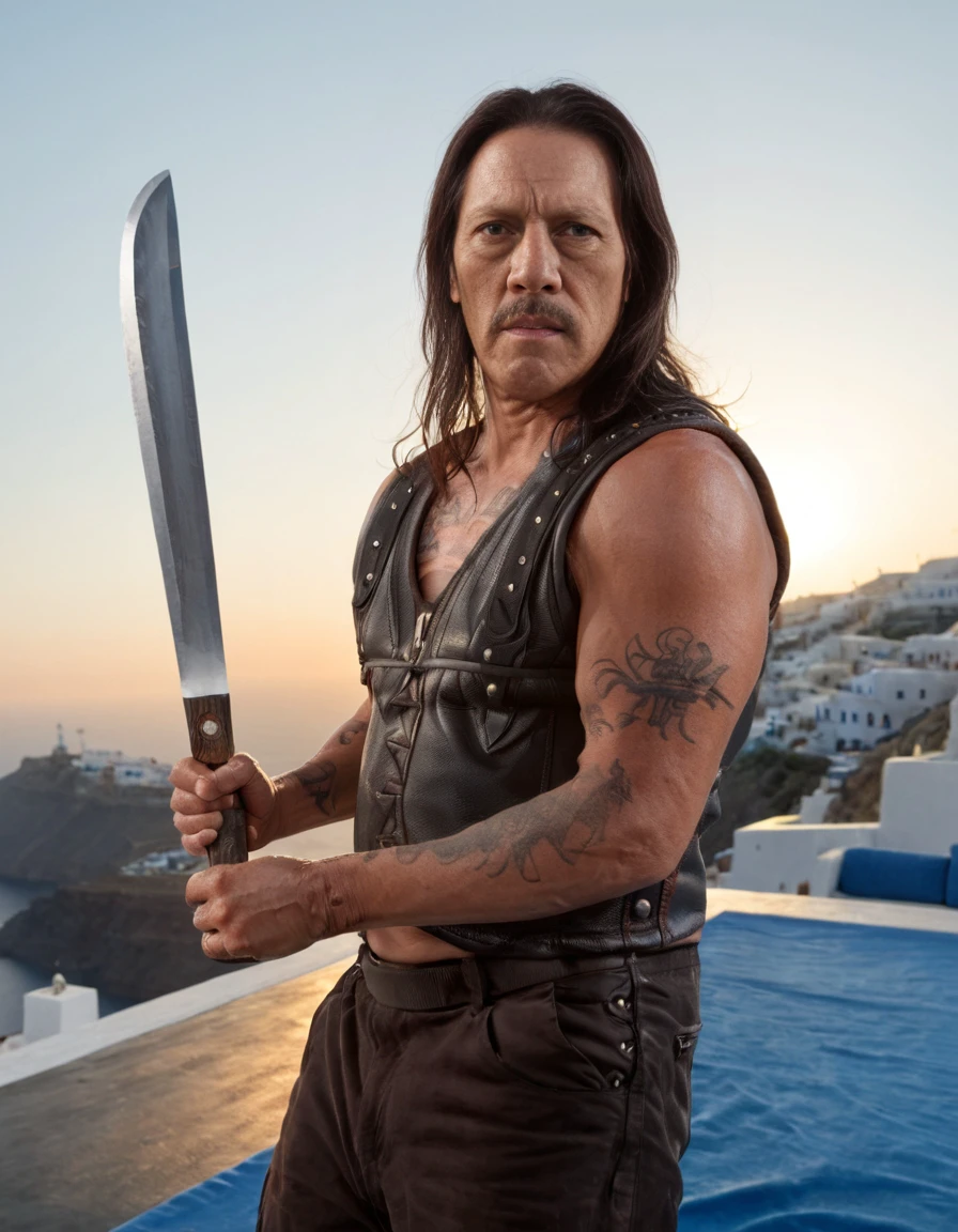 Photorealism <lora:MacheteSDXL-000008:1>, photo of MacheteSDXL holding a huge machete, in santorini during sunset, Photorealism, often for highly detailed representation, photographic accuracy, or visual illusion.