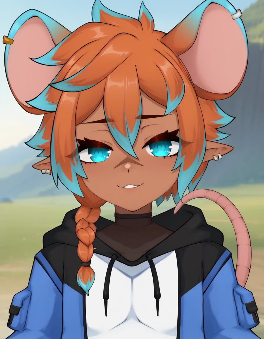 outdoors,
Moemi,multicolored hair,animal ears,solo,blue eyes,blue hair,braid,dark skin,orange hair,mouse ears,tail,piercing,ear piercing,earrings,hoodie,hair between eyes,mouse tail,streaked hair,pointy ears,aqua hair,face focus,parted lips, light smile, long eyelashes, 
<lora:Moemi_v02_PDXL:1>,
<lora:add-detail-xl:1>,