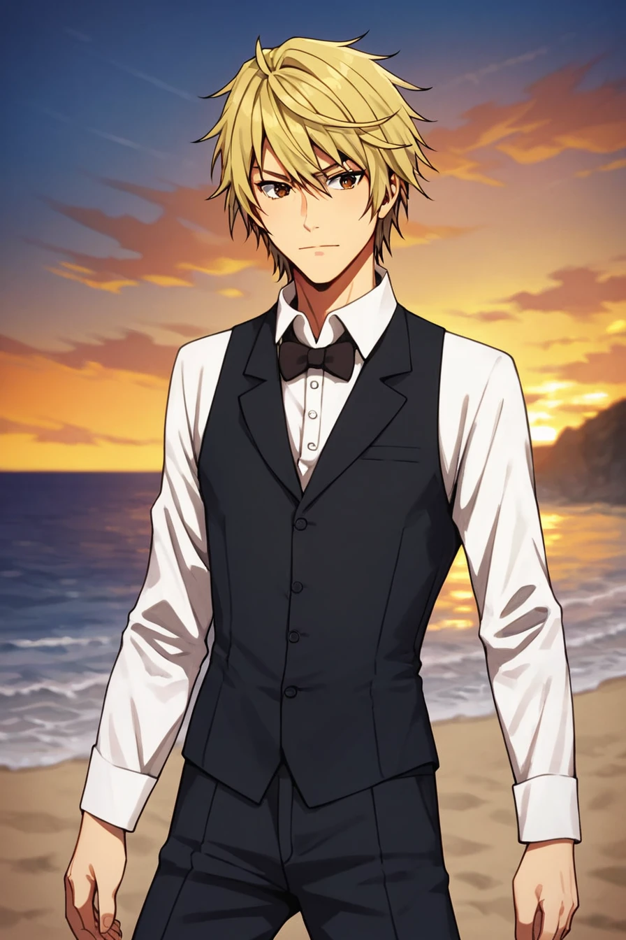 score_9, score_8_up, score_7_up, score_6_up, score_5_up, score_4_up,<lora:Heiwajima_shizuo-000015:0.7>, heiwajima shizuo, 1boy, blond hair, brown eyes, white shirt, sleeveless vest, collared shirt,  black vest, closed vest, black bowtie, black pants, standing, solo, alone, solo, masterpiece, highres, beach, sea, sand