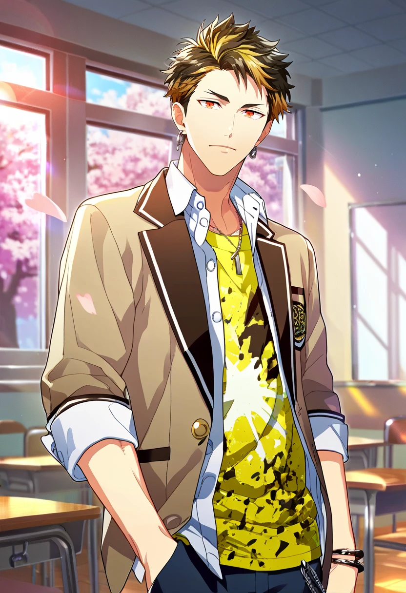 1boy, male focus, solo focus,
<lora:Character - Wind Boys - Reito Tsuji:1> reitotsuji, black hair, multicolored hair, red eyes, bracelet, necklace, earrings,
((zPDXL)), score_9_up, score_8_up, score_7_up, score_6_up, score_5_up, score_4_up, best quality, amazing quality, best aesthetic, absurdres, year2023, uncensored, nsfw, official art, official style, depth of field, detailed eye,
indoors, window, cowboy shot, classroom, standing, notice lines, noticing viewer, cherry blossoms,
school uniform, yellow shirt, necklace, bracelet, blazer,