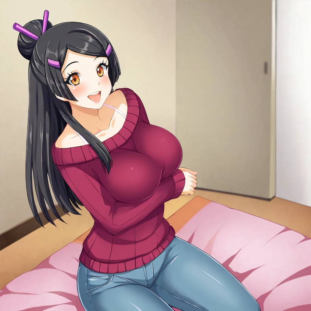 <lora:RikaCollegeLife2_pony_v1:1>  RikaCollegeLife, 1girl, solo, large breasts, hair ornament,  black hair, hairclip, orange eyes,  parted bangs, ponytail, hair bun, sweater, jeans