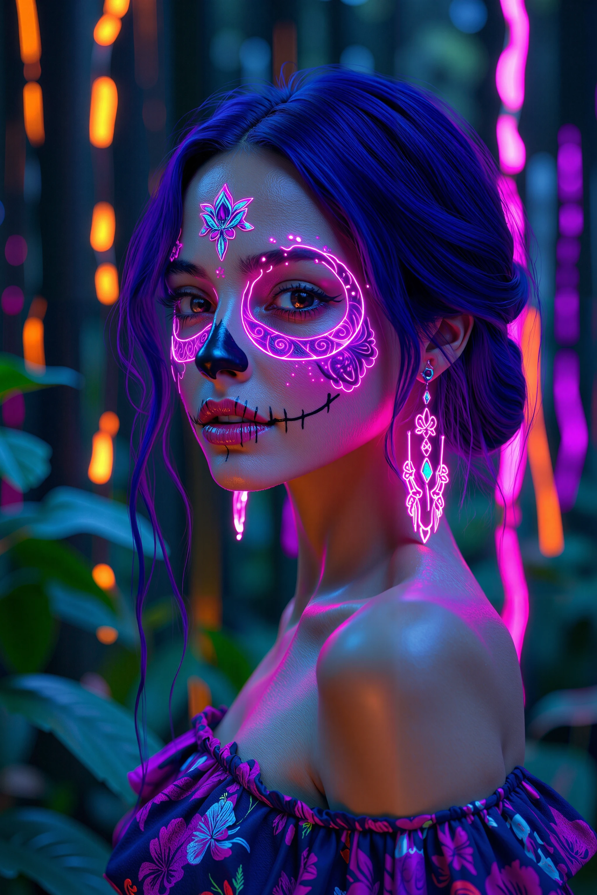 Woneon_facepaintflx, A stunning woman with deep purple hair and violet-themed sugar skull face paint, real neon accents illuminating her face, surrounded by an electric neon forest background, neon floral dress and glowing jewelry, photo-realistic, meticulously detailed