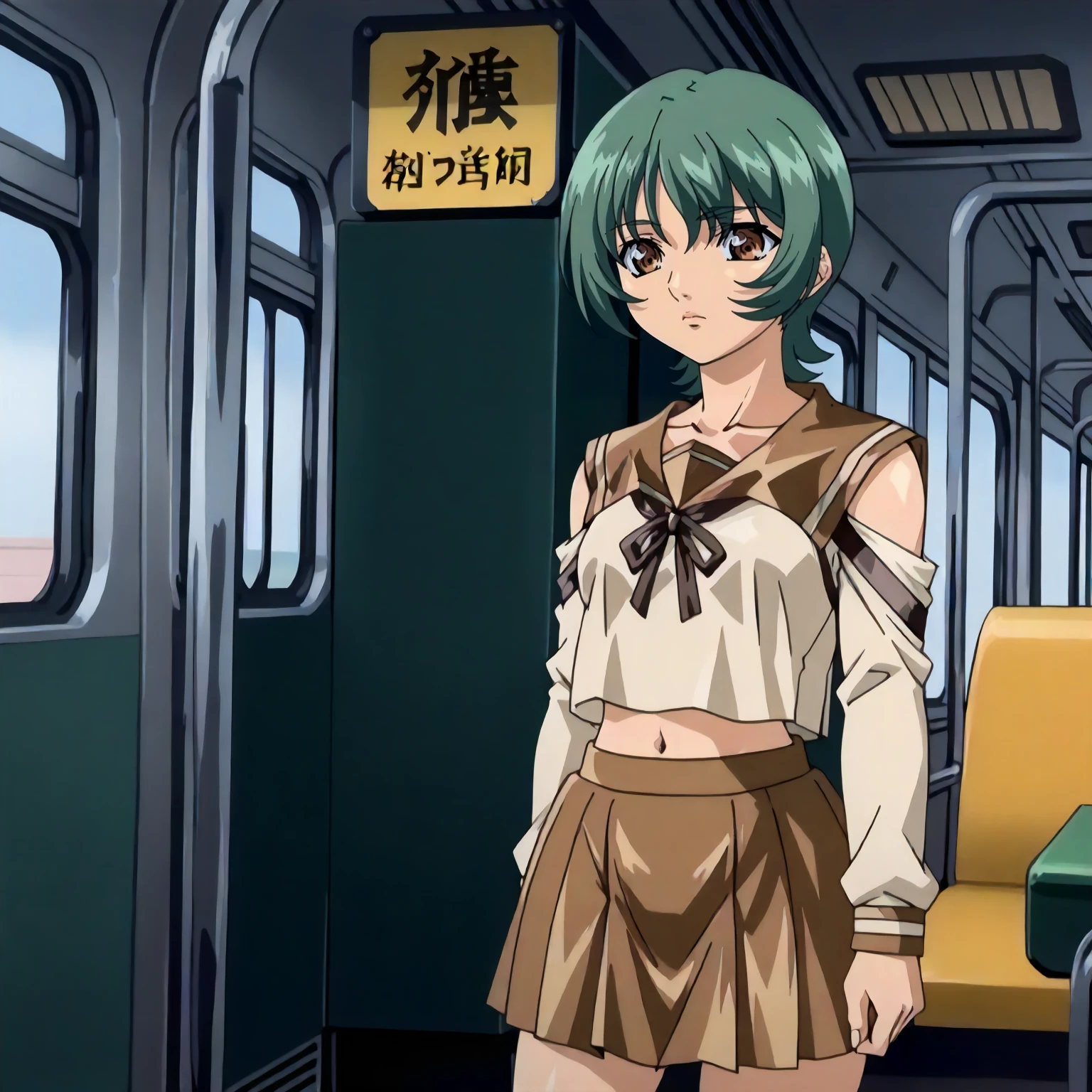 <lora:GSE_AkiXLpony002>,
inside the train,
solo,
Aki,1girl,green hair,short hair,brown eyes,
school_uniform,brown sailor collar,shoulder cutout,white shirt,long_sleeves,
navel,brown skirt,miniskirt,
standing,