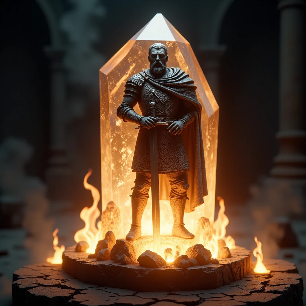 Cel Shaded Art, professional 3d model <lora:lora.TA_trained:1>"A dramatic scene featuring a statue of a knight, encased within a giant, glowing crystal. The knight stands in a regal and solemn pose, holding a large sword upright in front of him, the tip resting on the stone platform beneath him. His armor is intricately detailed, with engraved patterns on his chestplate, shoulder guards, and a flowing cape draped over one arm. His facial expression is stern and noble, with a full beard and intense, focused eyes.
The crystal around the knight emits a warm, amber glow, as if it is enchanted or infused with magical energy. Faint, ethereal flames flicker at the base of the crystal, adding an otherworldly atmosphere to the scene. The background is dark and blurred, with hints of ancient architecture, emphasizing the isolation and power of the figure encased in the crystal. The lighting highlights the contrast between the cold stone of the knight and the fiery glow of the crystal, creating a sense of mysticism and ancient power.
The environment feels like a mystical tomb or shrine, where the knight is either preserved for eternity or awaiting his resurrection. The overall tone should evoke themes of honor, sacrifice, and timeless guardianship, with the glowing crystal as a focal point of magical energy and symbolism. . octane render, highly detailed, volumetric, dramatic lighting, 2D, flat color, toon shading, cel shaded style