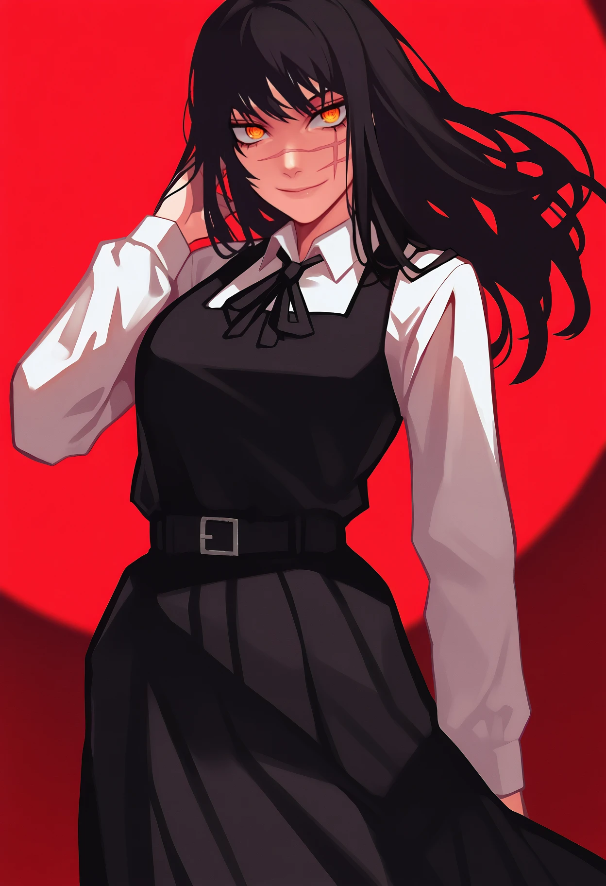 masterpiece, best quality, <break> red theme, solo, 1girl, yoru \(chainsaw man\), chainsaw man, scar on face, evil smile, closed mouth, looking at viewer, hand in own hair, long hair, black hair, yellow eyes, ringed eyes, school uniform, black dress, pinafore dress, sleeveless dress, white shirt, neck ribbon, black ribbon, long sleeves
 <segment:yolo-face_yolov8m.pt,0.4,0.5//cid=1>