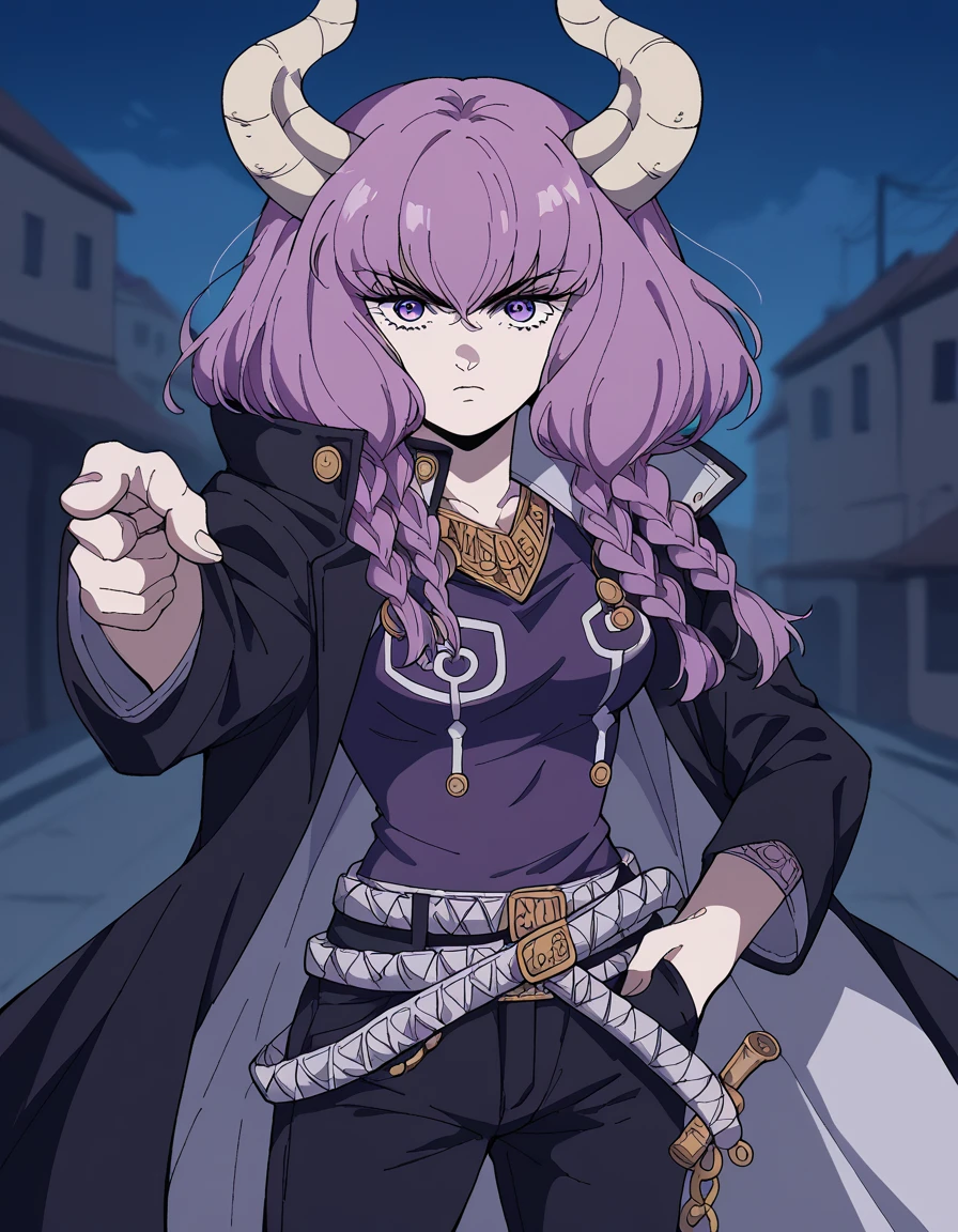 score_9, score_8_up, score_7_up, source_anime, <lora:aura-the-guillotine-s1-ponyxl-lora-nochekaiser:1>, aura the guillotine, long hair, purple eyes, purple hair, braid, horns, twin braids, medium breasts,, <lora:kujo-jotaro-cosplay-ponyxl-lora-nochekaiser:1>, kujo jotaro cosplay, kujo jotaro (cosplay), gakuran, cosplay, belt, black headwear, black jacket, black pants, high collar, multiple belts, pants, shirt,, street, jojo pose, pointing, hand in pocket, cowboy shot, looking at viewer,