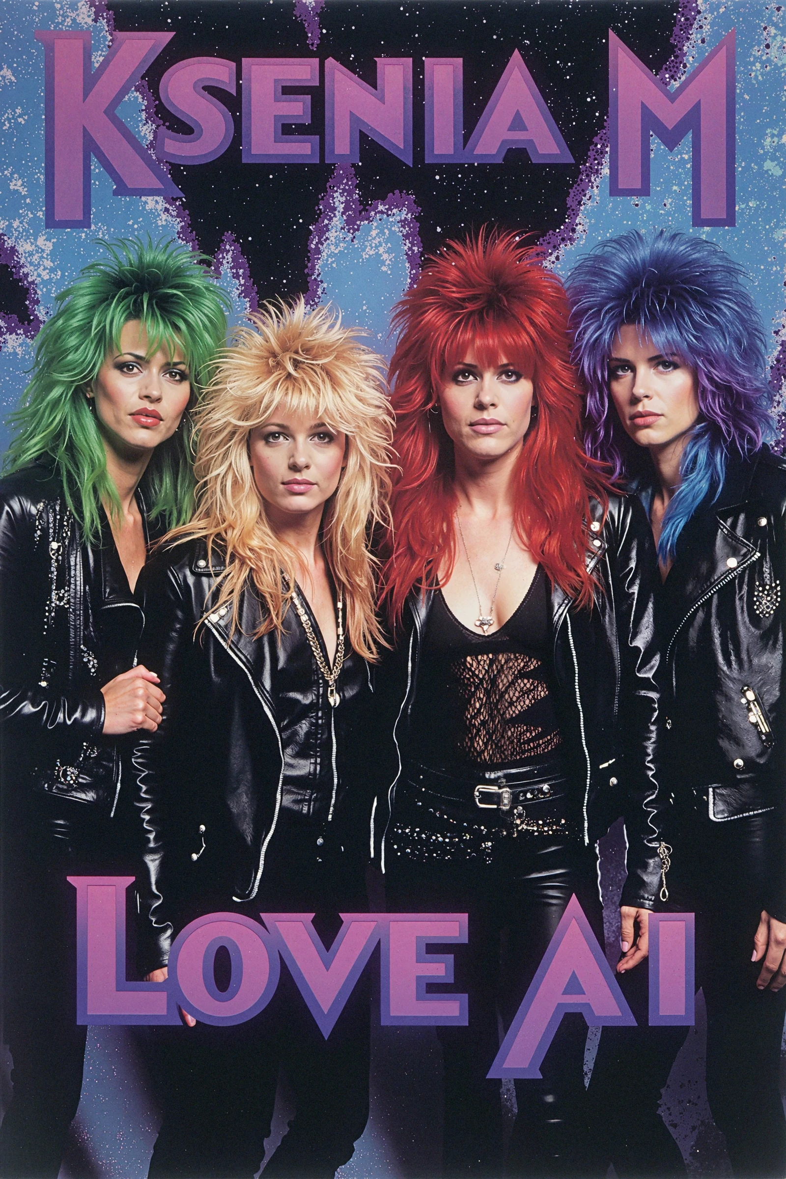 This image is a photograph of a vibrant,colorful album cover. The central focus is a group of four women,each with long,voluminous hair styled in a dramatic,80s rock fashion. They are standing side by side,facing forward,and their outfits are dark,adding to the rock band aesthetic. The woman on the far left has green hair and is wearing a leather jacket. The second woman from the left has blonde hair and is wearing a black leather jacket with a metal chain. The third woman has two-tone blue and purple hair and a black top with a lace pattern,while the woman on the far right has blonde hair and is wearing a black leather jacket and a dark top. In the background,there is a textured,abstract design in shades of blue and purple,creating a visually dynamic and energetic backdrop.  Above the group,at the top center of the image,is the band's name,"KSENIA M," written in bold,uppercase letters.  Below the group,the words "LOVE AI" are written in a similar purple font,emphasizing the theme of the song. The overall style of the image is bold and expressive,typical of 80s rock album covers,characterized by bright colors,dramatic hair,and edgy fashion.   <lora:FLUX\FLUX.1-Turbo-Alpha\FLUX.1-Turbo-Alpha.safetensors:1>  <lora:MyTrainings\Test\Metal_Album_Covers_F1D_ARZUMATA.safetensors:1>  <lora:FLUX\Styles\Granular Luminosity Style.safetensors:1.2>