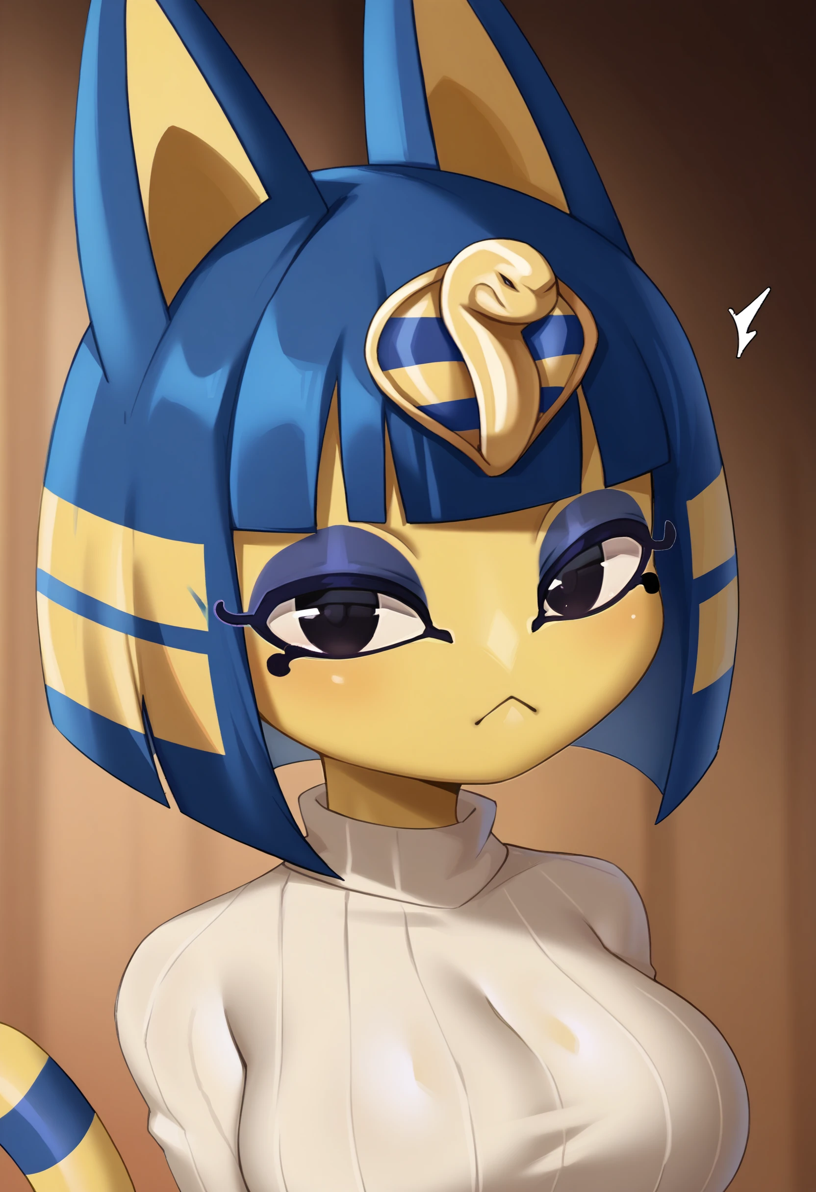 <lora:18-guy-PONY-DORAv1:1>, eigeen, score 9, score 7 up, 1girl, solo, furry female, yellow skin, blue hair, makeup, ribbed sweater, portrait, ankha \(animal crossing\), depth of field