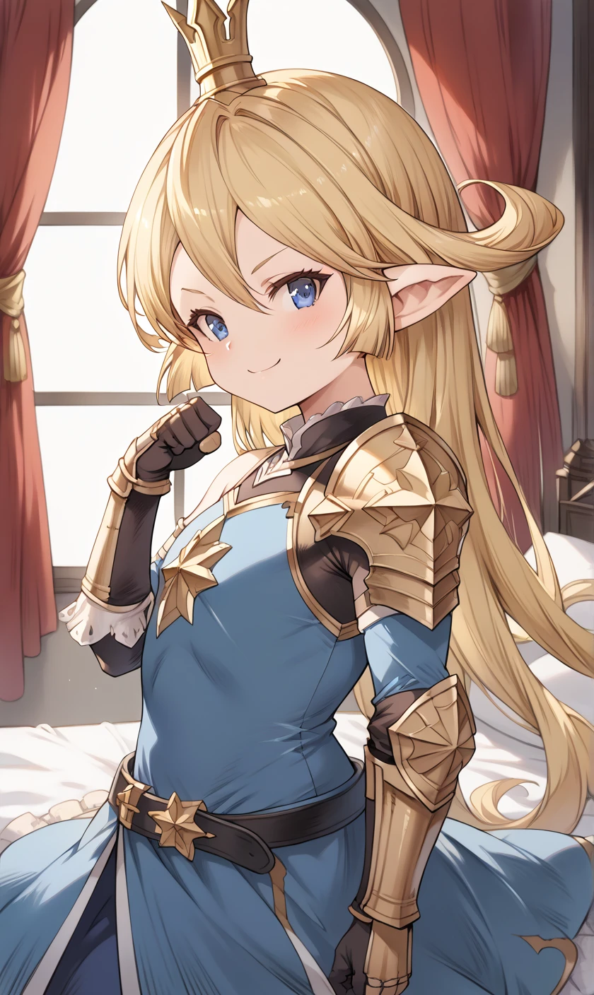 ((masterpiece)), ((best quality)), (ultra-detailed), ((extremely detailed)), (high resolution), 4K, (8K), best quality, (beautiful), (dynamic lighting), (super detailed skin), sharp focus, (1_girl, solo focus), shiny skin, bedroom, bed, window, standing, blue dress, frills, tiara, breastplate, gauntlets, belt, shoulder armor, serious, smile, flexing, hand up, from side, pov, Granblue Fantasy, Charlotta, harvin, lalafell, shortstack, blonde, long hair, blue eyes, pointy ears, flat chest,