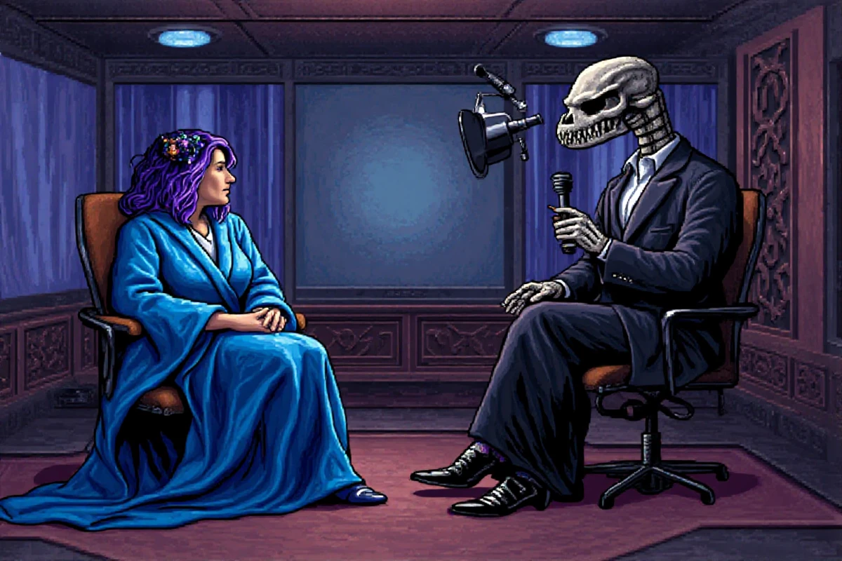 A big teleshow room,there is a camera in the corner. A woman in blue robes is sitting in a chair and is giving interview. She has two-tone blue and purple gradient hair. A giant skeleton drake is sitting on the other side with microphone in his hand. He is dressed in black business suit.   <lora:FLUX\FLUX.1-Turbo-Alpha\FLUX.1-Turbo-Alpha.safetensors:1>  <lora:MyTrainings\Test\Eye_of_Beholder_F1D_ARZUMATA.safetensors:1.3>