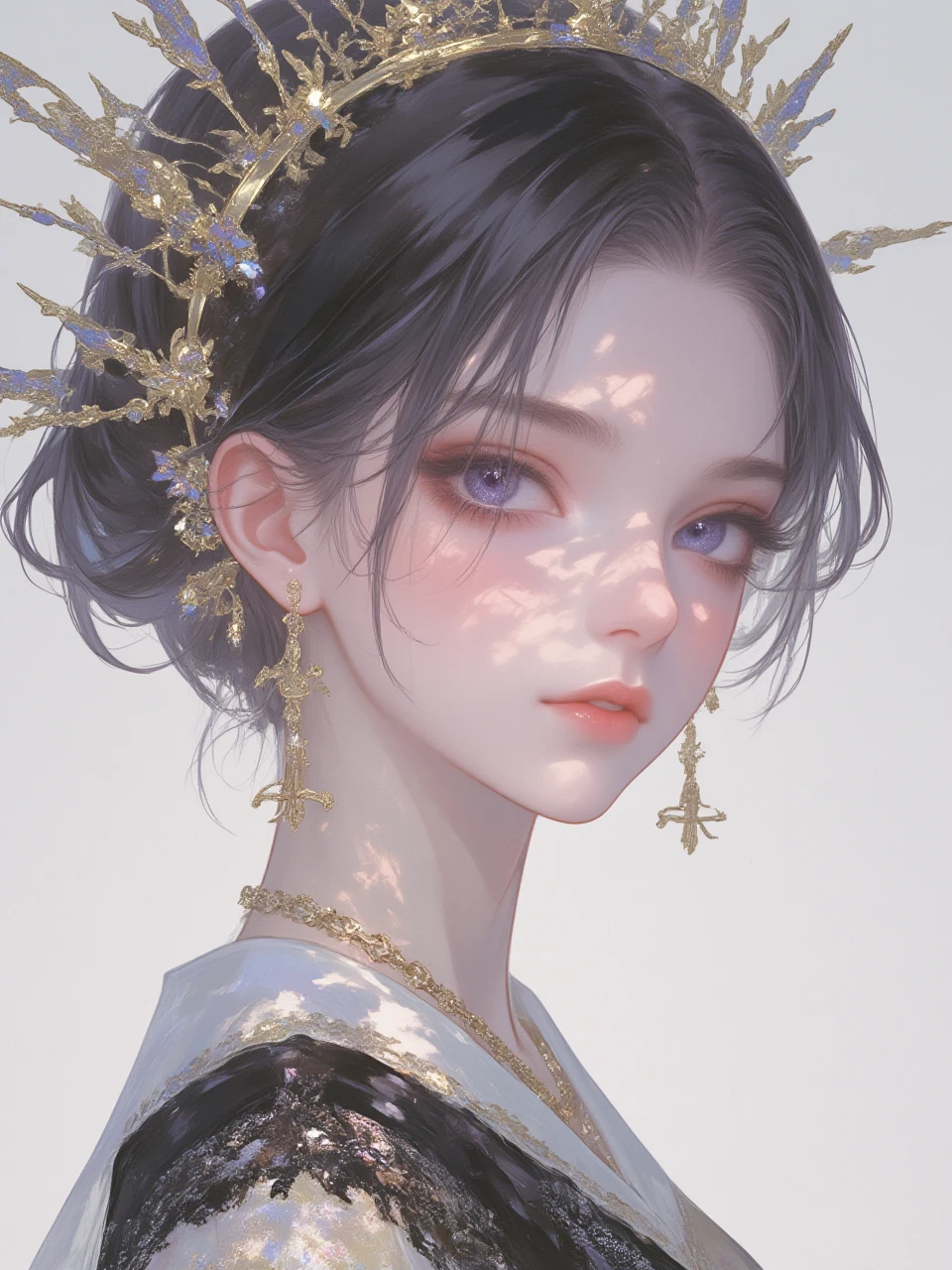 masterpiece,best quality,illustration,1girl,(beautiful detailed girl),beautiful detailed glow,(beautiful detailed eyes),(melt),(((((black and white melt))))),((((gold and silver lace)))),(((gold and silver lace lace))),(((flowing ((black)) and white background))),extremely detailed gorgeous tiara,