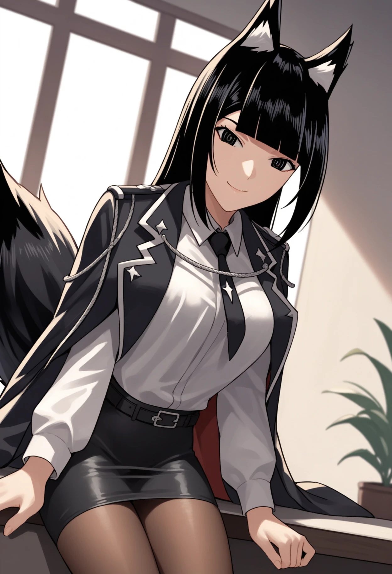 score_9, score_8_up, score_7_up, source_anime,
BREAK
1girl, solo, 
<lora:shiBelialV1:1>, 
shiBelialADRIAN, 
black hair, black eyes, 
long hair, fox ears, blunt bangs, fox tail, medium breasts, 
collared shirt, necktie, shiny clothes, 
black jacket, jacket on shoulders, long sleeves, belt,  
pantyhose, black skirt, pencil skirt, 
looking at viewer, smile, indoors,