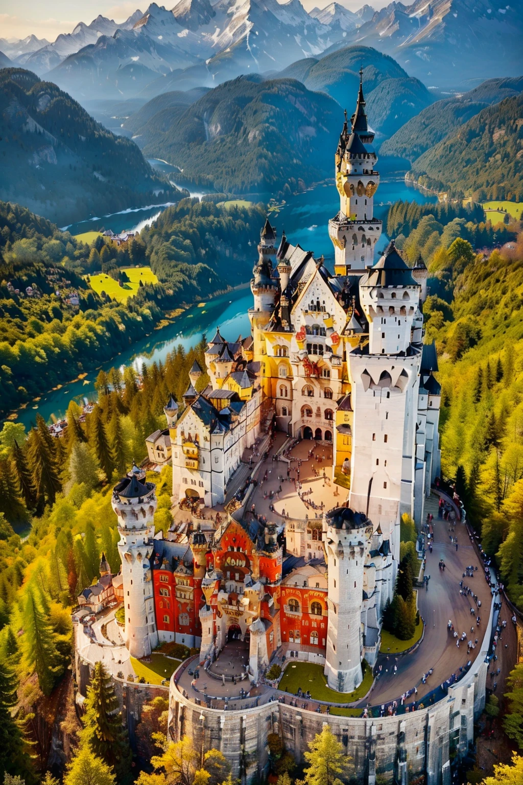 ((masterpiece, best quality)), <lora:Neuschwanstein_Castle:0.8>, high resolution, highly detailed,    Neuschwanstein Castle, day, tree, traditional media, forest, mountain, landscape