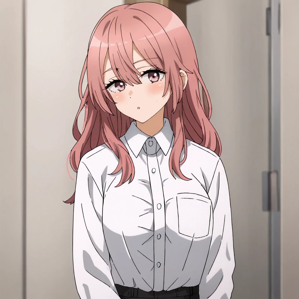 <lora:Shinju_pony_v1:.8>ShinjuDarlingWhiteShirt, 1girl, white shirt, pink hair, long hair, collared shirt, hair between eyes, bangs, breast pocket, pink eyes, long pants,  dress shirt, breasts, shouji, cowboy shot