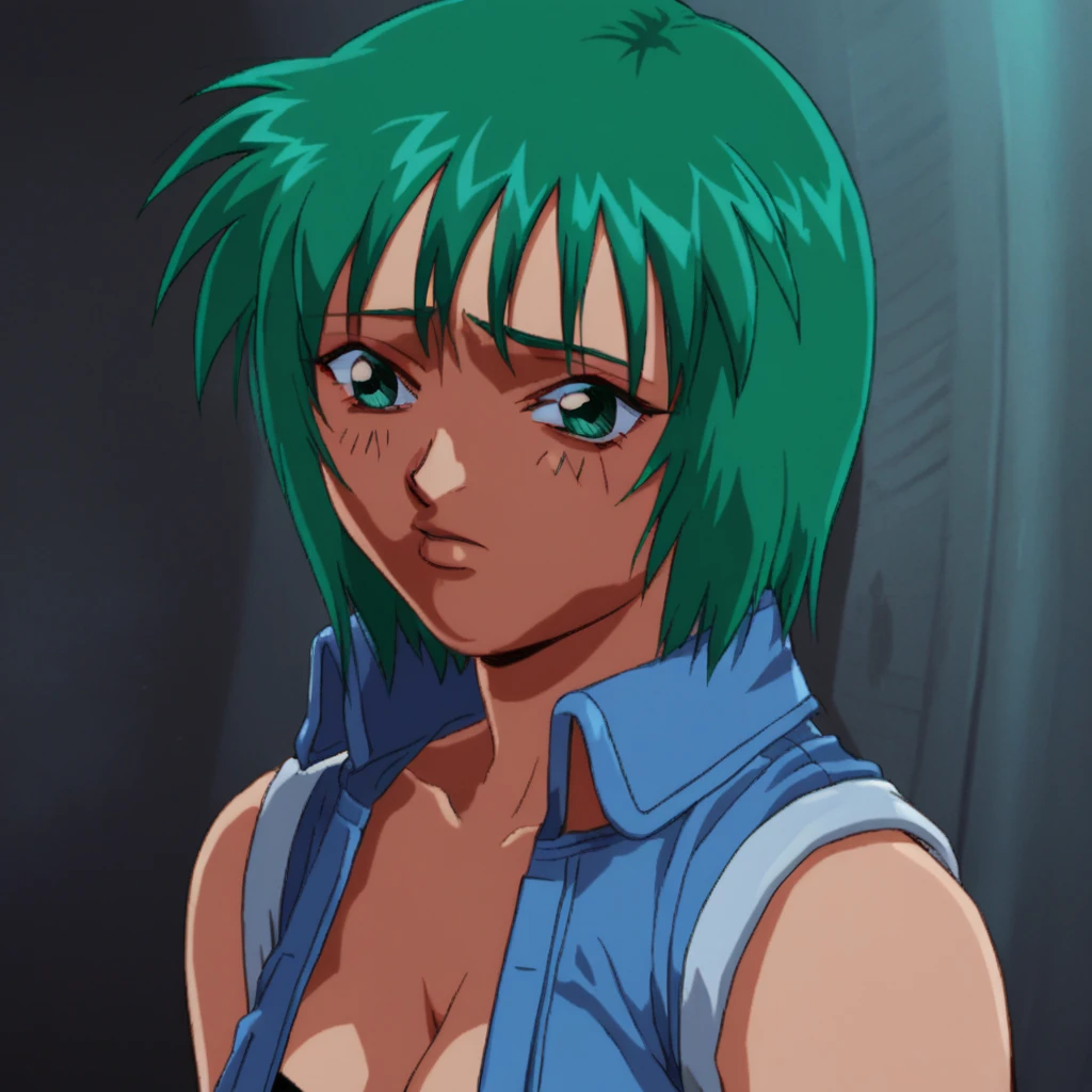 score_9_up, score_8_up, BREAK, Anri, 1girl, solo, green hair, short hair, green eyes, black strapless shirt, cleavage, sleeveless blue jacket, upper body,  <lora:Anri_ViperF50_PXL_Leaf1:1>, retro artstyle,