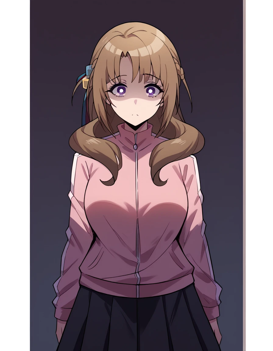 score_9, score_8_up, score_7_up, source_anime, <lora:mamako-oosuki-s1-ponyxl-lora-nochekaiser:1>, mamako oosuki, long hair, brown hair, purple eyes, hair ribbon, braid, bright pupils, french braid, white pupils, large breasts,, <lora:gotoh-hitori-cosplay-ponyxl-lora-nochekaiser:1>, gotoh hitori cosplay, gotoh hitori (cosplay), pink track suit, cube hair ornament, pink jacket, track jacket, cosplay, skirt, black skirt, pleated skirt,, shaded face, averting eyes,, cowboy shot,