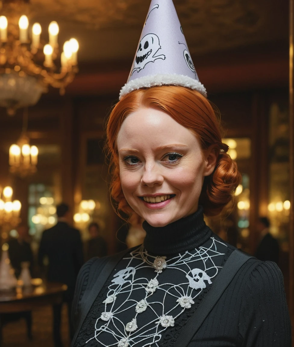 a professional absurdres sharp focus intricately detailed full torso photograph of Barbara_Meier,
She's wearing a turtleneck and quasi-victorian in the lobby of a haunted hotel with a mischievous grin, putting a party hat onto the head of a ghost,
The background is dark and epic, The overall tone is intense, dark fantasy,  but with slivers of whimsy throughout,
 <lora:Barbara_Meier-SDXL10:1>