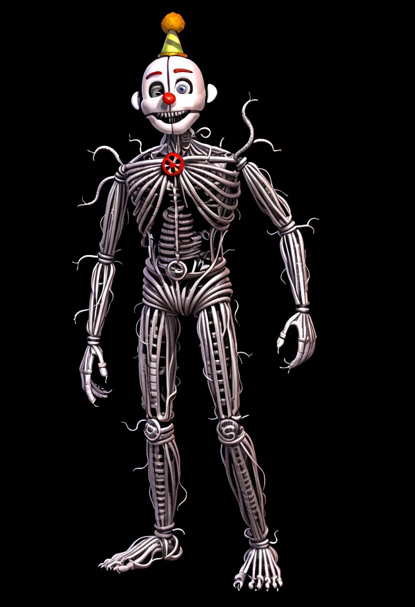 Ennard,Endo-skeleton, Red nose, clown mask, party hat, red button, mangle wires, lazy eye, loose wires, eyes in wires, eye hanging under ear, male, blue eyes, sharp teeth, Animatronic, face plates, simple background, black background, full body, Horror (theme)