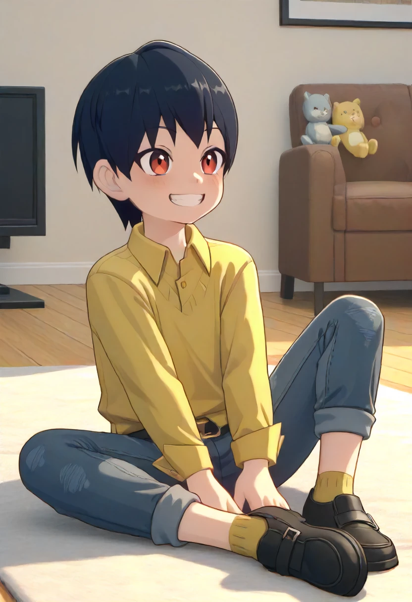 score_9, score_8_up, score_7_up, score_6_up, score_5_up, score_4_up, BREAK source_anime, masterpiece,
1boy, solo, child, male child, medium hair, black hair, red eyes, 
yellow collared shirt, ragged jeans, cuffed jeans, yellow socks, black boots, 
sitting, looking away, happy, grin, playing a videogame, from the side, side view, profile, 
indoors, bedroom,
 <lora:Shawn_from_ZZZ_Zenless_Zone_Zero_Pony:1>