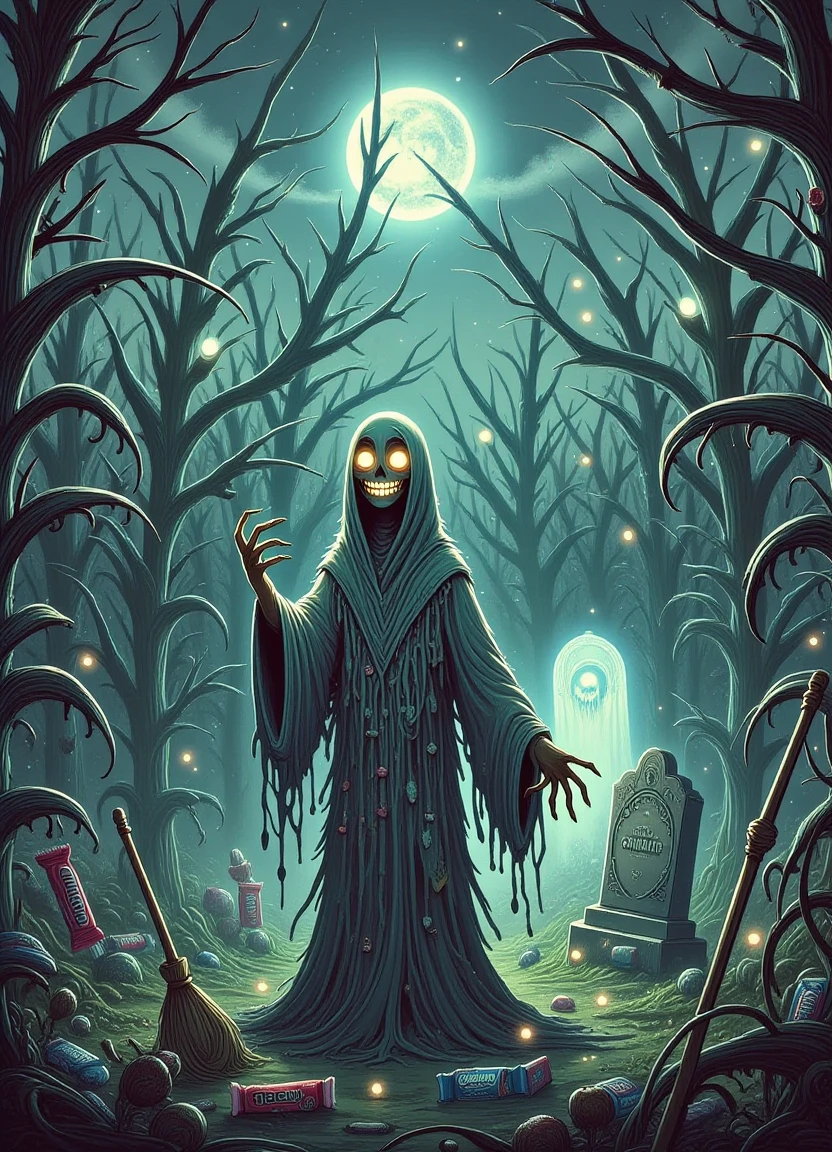 A haunting mystical landscape with a DonMPr1nc3551000FX figure standing in the center of an endless dark fantasy maze surrounded by towering cornfields at dusk. Glowing eyes are visible through the darkness, accompanied by a creepy smirk on the face of the central figure. A spotlight shines down upon a tombstone in the distance, adorned with candy bars as if they're being used to decorate homes and yards. Broomsticks litter the ground, as if they've been discarded from an unseen source above, amidst the twisted and eerie atmosphere of the scene.