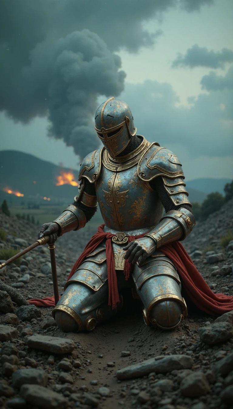 detailed city, A hyperrealistic depiction of a fallen knight, pierced with multiple arrows, kneeling on a battlefield. His armor, reflecting the waning light of a gloomy, teal-infused sky, suggests past glory now succumbing to defeat. The camera angle, low and frontal, emphasizes his vulnerability against the backdrop of a devastated landscape. Smoke billows from the ravaged terrain in the distance, hinting at a cataclysmic battle. Employ tenebrism, accentuating the knight's polished armor with stark contrasts of light and shadow, emphasizing the tragedy of his demise. Scatter spent arrows and shattered weapons around him, deepening the narrative of a desperate last stand.