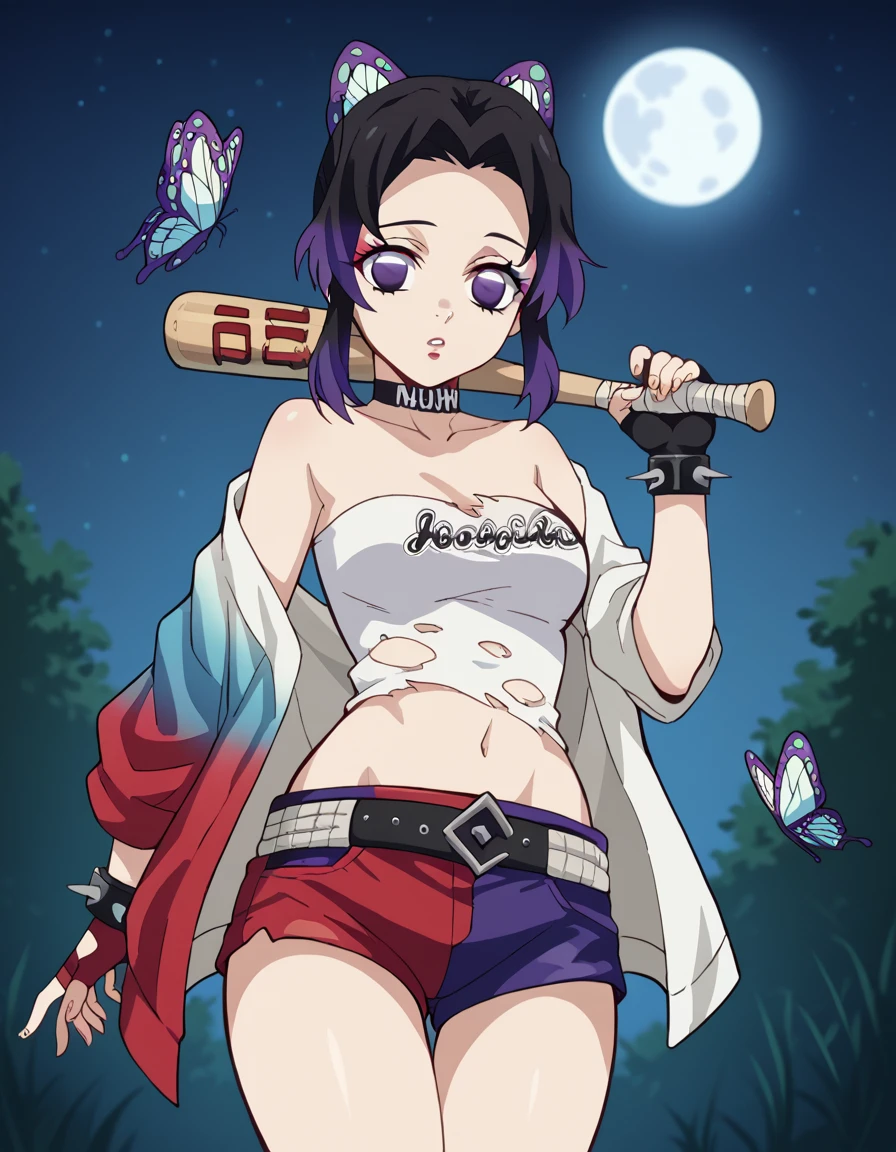 score_9, score_8_up, score_7_up, source_anime, <lora:shinobu-kochou-anime-ponyxl-lora-nochekaiser:1>, shinobu kochou, animal print, black hair, butterfly, butterfly hair ornament, butterfly print, forehead, gradient hair, hair ornament, haori, multicolored hair, parted bangs, purple hair, short hair, two-tone hair, medium breasts, <lora:harley-quinn-cosplay-ponyxl-lora-nochekaiser:1>, harley quinn cosplay, harley quinn (cosplay), bare shoulders, choker, collarbone, cosplay, fingerless gloves, heart, heart tattoo, jewelry, multicolored clothes, multicolored shorts, navel, shorts, spiked bracelet, spikes, stomach, strapless, torn clothes, tube top, two-tone shorts, outdoors, night, moon, baseball bat, holding, holding baseball bat,, cowboy shot, looking at viewer