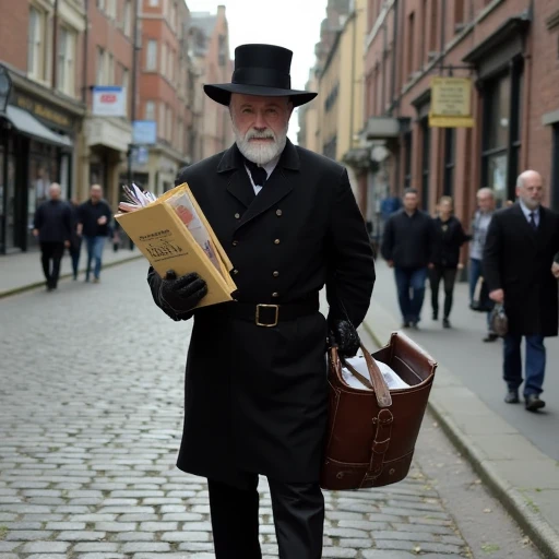 an image of terry pratchett dressed as a victorian era post man, carrying a leather satchel full of letters down a cobblestone street