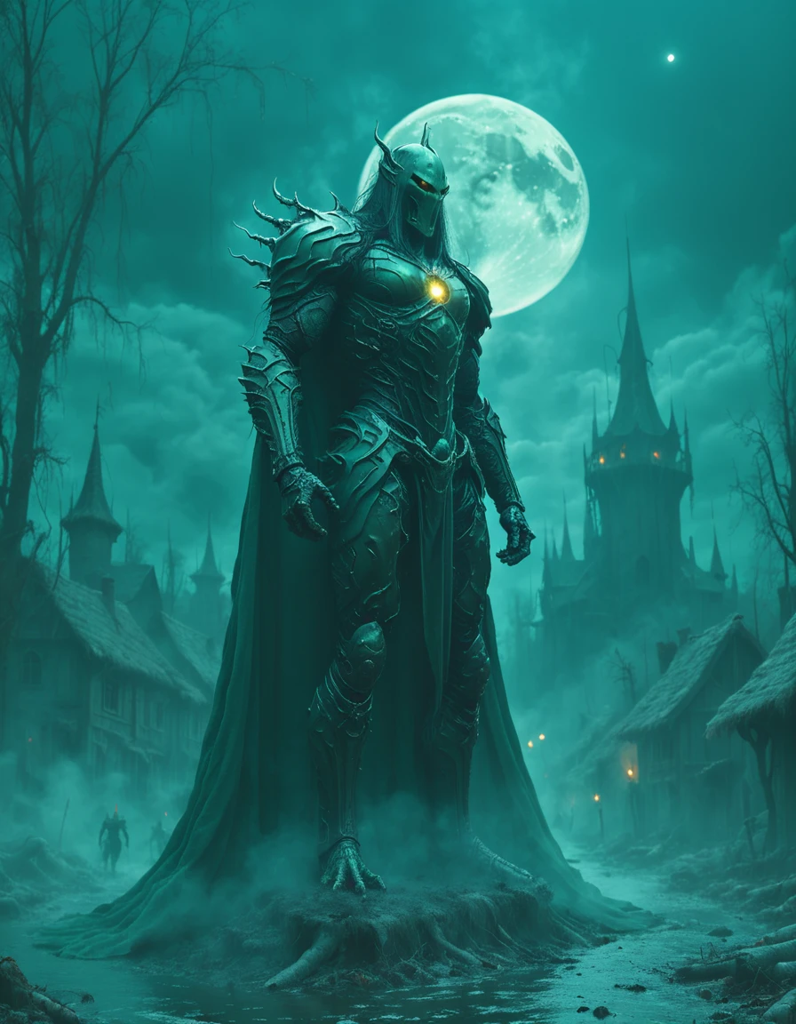 Nazgul, Sauron's Dark Knight, dark background, village in background, moon in sky, <lora:Nazgul:1>