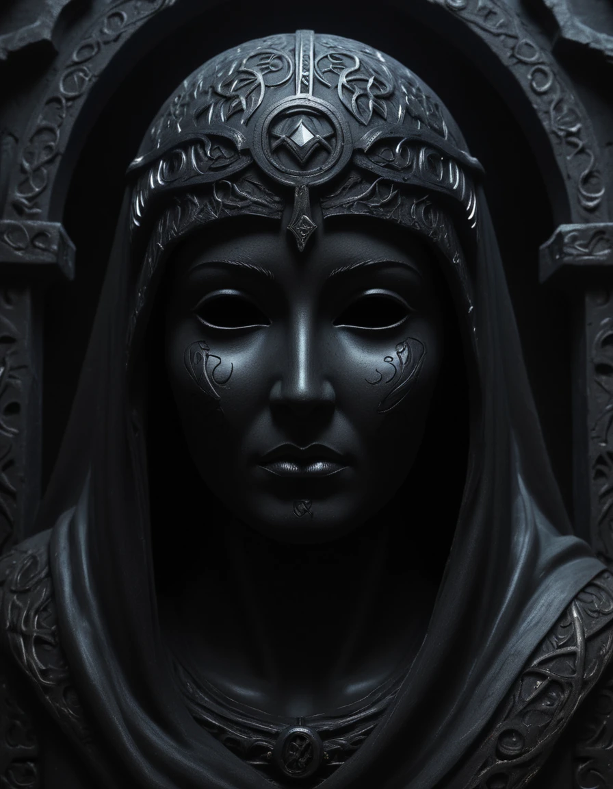 masterpiece, best quality, cinematic lighting, hollow eyes, body is composed of smooth, black stone, with intricate, glowing runes carved into its surface.<lora:Hollow_Eyes_Portrait_SDXL:0.8>