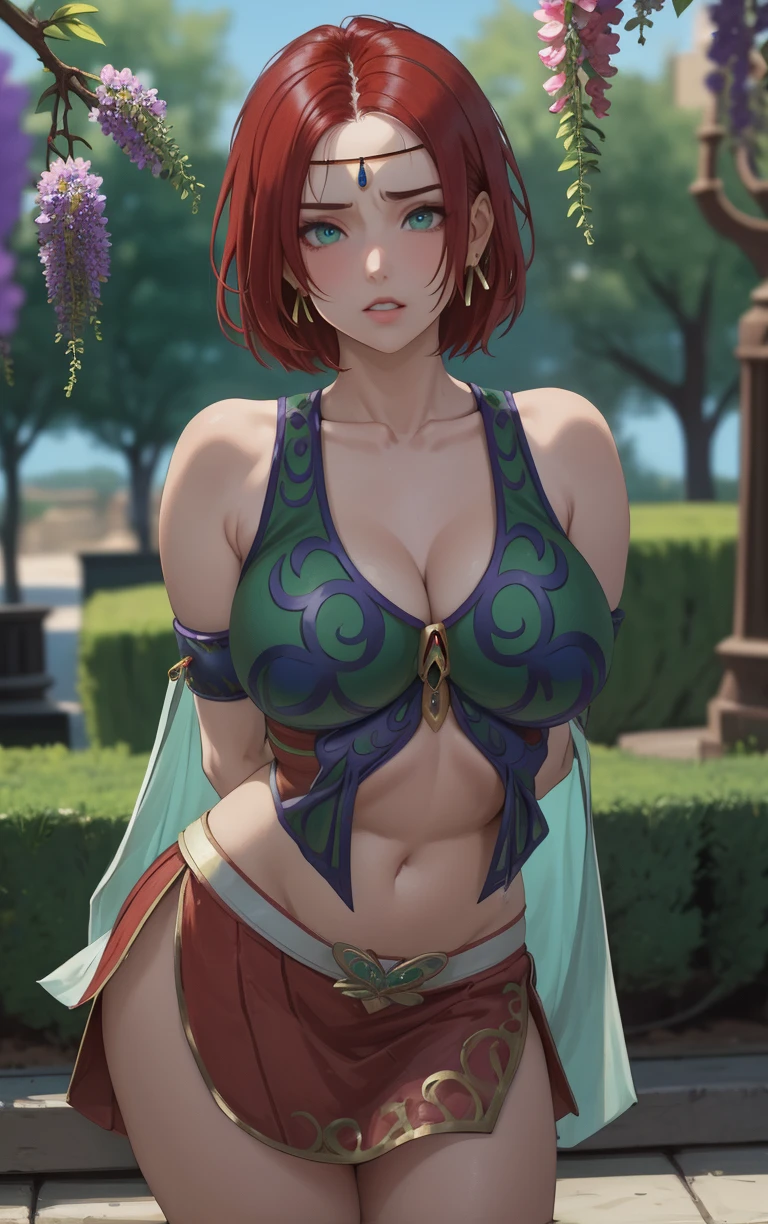 (masterpiece, best quality:1.4), insaneres, absurdres, solo, looking at viewer,BREAK 
Main_GuardianElma_ownwaifu, 
1girl, circlet, green eyes, red hair, short hair, armlet, jewelry, earrings, collarbone, large breasts, armband, 
green tank top, ornate clothes, bare shoulders, sleeveless, white gloves, navel, midriff, skirt, cleavage, chain, gem, miniskirt,
(leaning forward, arms behind back), cowboy shot, garden, wisteria, outdoors, <lora:YuGiOh_GuardianElma_ownwaifu:0.85> , depth of field, solo,