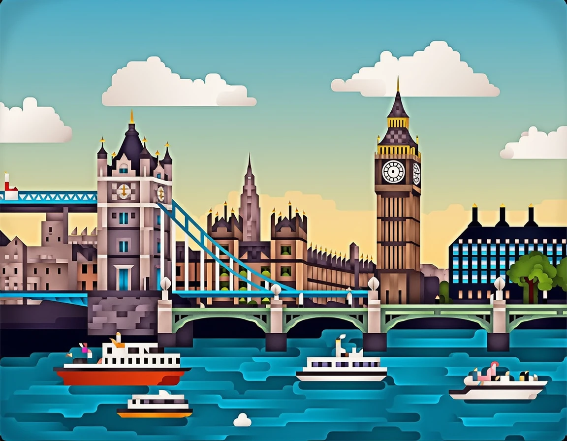 <lora:51gg1_06F1D-000010:1.0>,51gg1 style,the london skyline with (tower bridge, big ben,trafalgar square),high detail,colorful,digital art