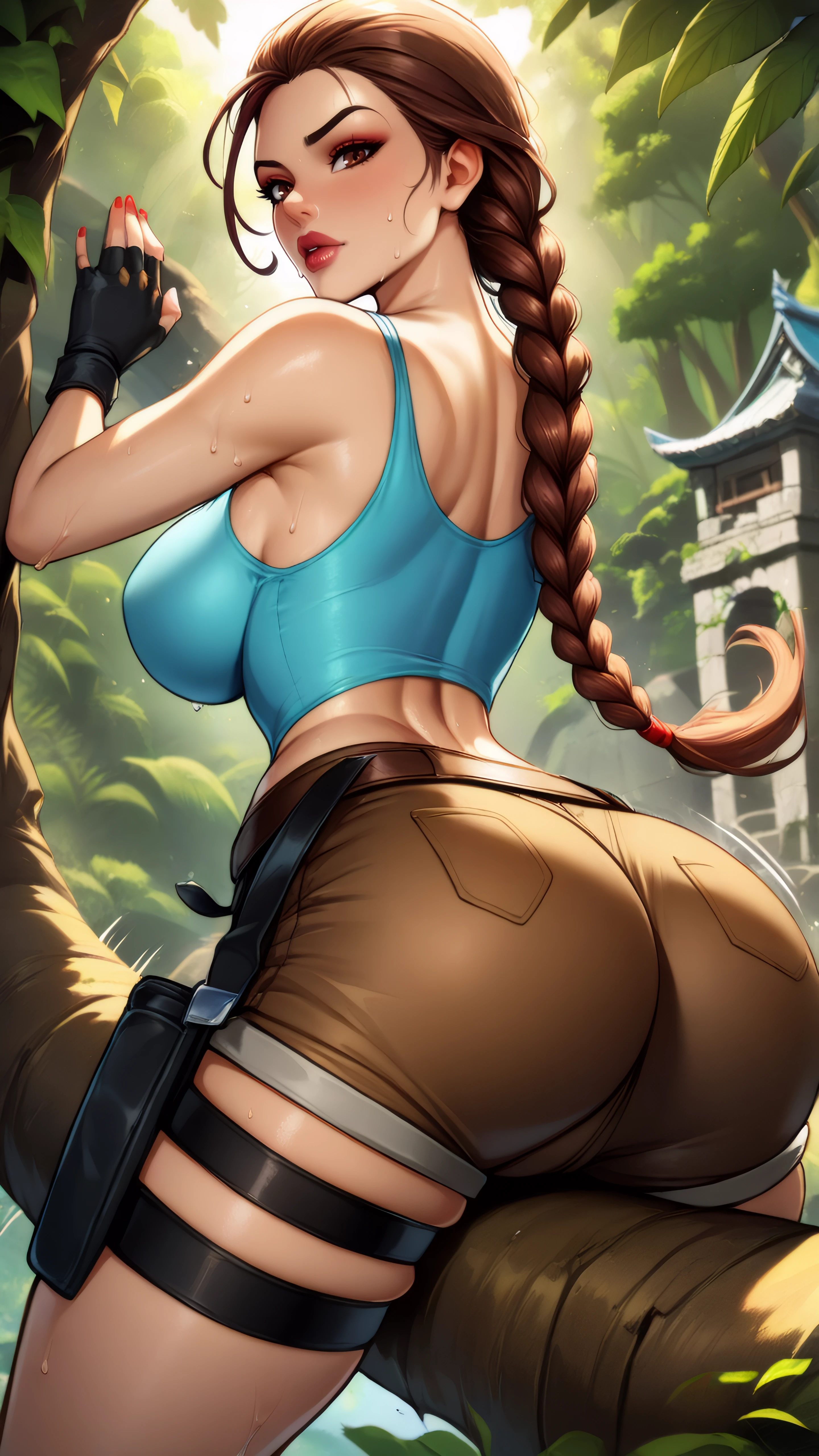 masterpiece, best quality, very aesthetic, absurdres, BREAK, 1girl, looking at viewer,  cowboy shot,
<lora:LaraCroft_ClassicV2_Illu_Dwnsty:0.8>, lara_classic, brown eyes, brown hair, braided ponytail, long braid, blue tank top, short shorts, fingerless gloves, black gloves, thigh strap, thigh holster, belt, red nails, cleavage, lips, makeup, red lipstick, 
large breasts, lips, skindentation, narrow waist, 
outdoors, nature, jungle, temple, ruins, sand, sunlight, midair, climbing, tree, on tree, dynamic pose, jumping, motion lines, sweat, from behind, huge ass, back,