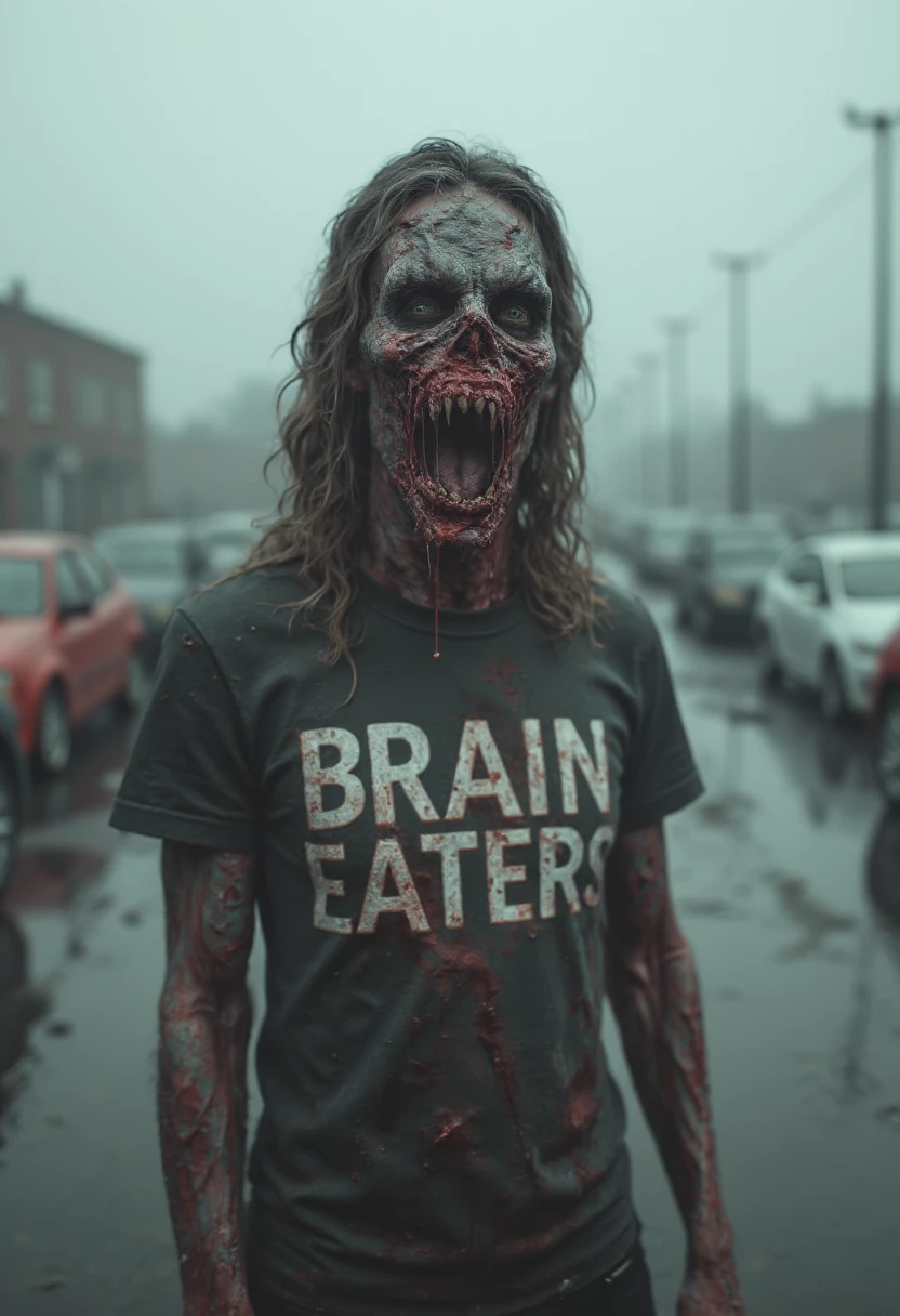 Brain Eater. The text on its shirt reads "BRAIN EATERS" A zombie is walking and stumbling towards the viewer. Forced perspective. The zombie is in a parking lot. The zombie's mouth is open and you can see clear and red fluids and syrups dripping from it's mouth. Foggy atmosphere. The zombie is wearing a tshirt with text that reads "BRAIN EATERS". You can see where the t-shirt sleeves end, all torn and freyed. The zombie has long beautiful flowing hair.