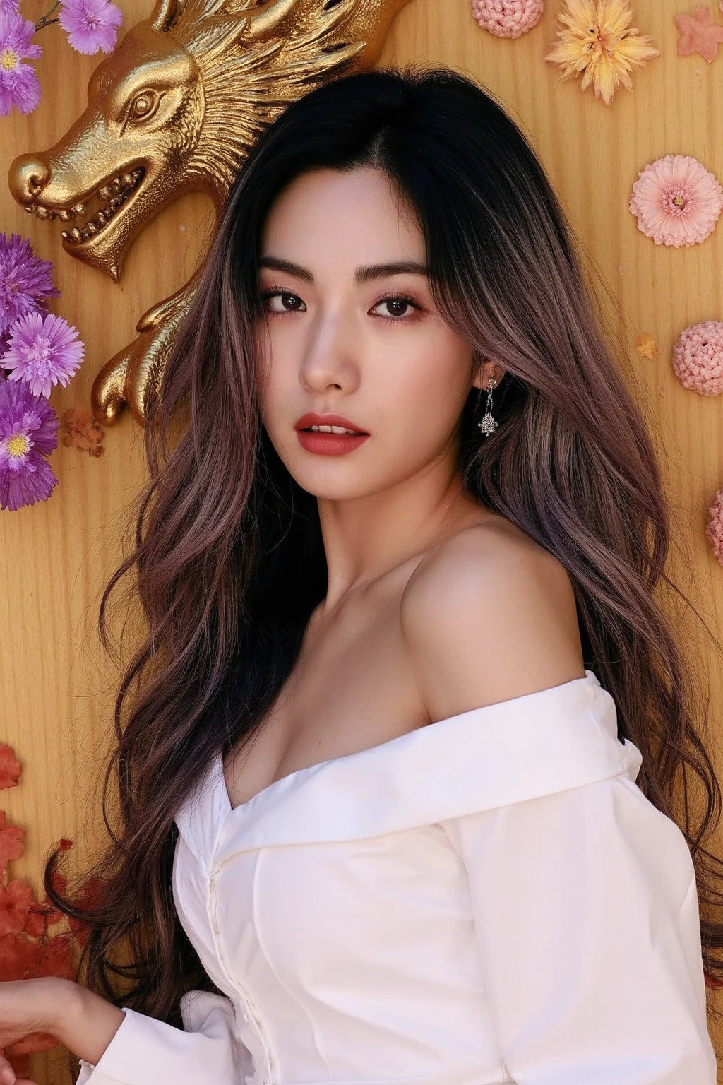 a young korean woman with a captivating and futuristic aesthetic. she has long, wavy hair with a striking combination of black and silver streaks,
The person is dressed in a white, off-the-shoulder top that reveals one shoulder, adding to their sleek and modern look.
The background is a blend of warm, glowing colorsâprimarily oranges and purplesâwith abstract, metallic, dragon-like forms intertwined with organic elements such as flowers and leaves.  The lighting casts a golden glow over the scene, further enhancing the ethereal and mystical atmosphere,<lora:flux_realism_lora:1>, <lora:makinaflux_nana_v1.0:1>