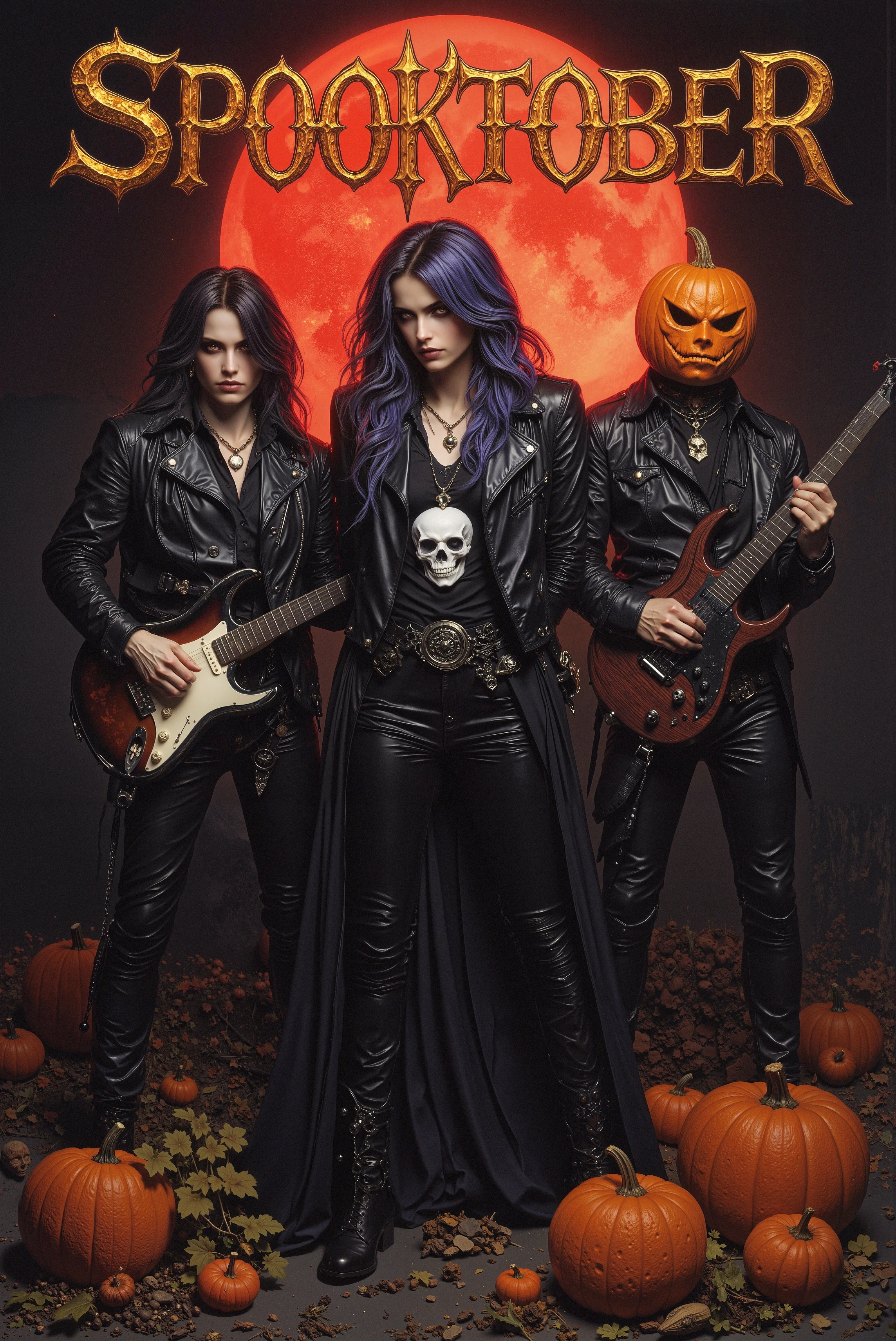 this is a highly detailed photograph of a vinyl record album cover featuring a rock band "SPOOKTOBER". At the top center,the band's name "SPOOKTOBER" is written in large,bold,stylized halloween letters. Overall style is m3talc0ver and vantablack,dnddarkestfantasy. Rock band is performing on a dark,rugged stage under a full red moon. The central figure is a female with long,curly blue and purple gradient hair,wearing black leather jacket and leather pants,she is wearing black shirt with white skull and looking straight at viewer. She is holding her hands behind her back. To her right,a female bassist with shorter,curly hair is dressed in black leather,including a leather jacket and black pants. She is playing a white edgy bass guitar. On the left,a male guitarist.  He is wearing a pumpkin on his head completely covering his head.  He playing an electric black guitar. The background is dominated by a large,full moon stylized to pumpking with a slightly reddish hue,casting a menacing glow over the stage. There are pumpkins with candles on the stage embracing halloween theme. #  <lora:FLUX\FLUX.1-Turbo-Alpha\FLUX.1-Turbo-Alpha.safetensors:1>  <lora:FLUX\Styles\Midjourney_Dark_Fantasy_FLUX_LoRA.safetensors:0.8>  <lora:FLUX\Styles\- Flux1 - vanta_black_V2.0.safetensors:0.8>  <lora:MyTrainings\Test\Metal_Album_Covers_F1D_ARZUMATA.safetensors:0.8>  <lora:FLUX\Styles\DnDDarkestFantasy.safetensors:0.6>