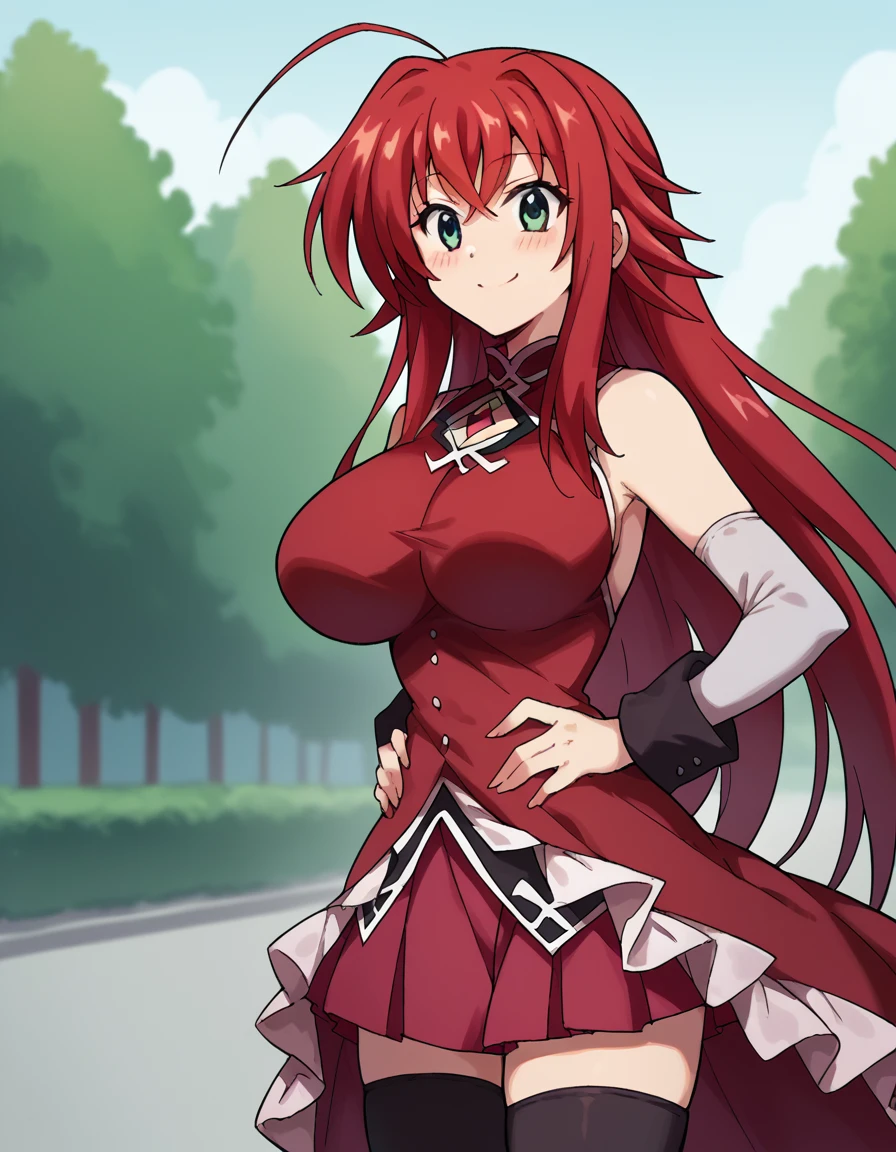 score_9, score_8_up, score_7_up, source_anime, <lora:rias-gremory-ponyxl-lora-nochekaiser:1>, rias gremory, huge ahoge, long hair, hair between eyes, green eyes, red hair, large breasts, <lora:sakura-kyoko-cosplay-ponyxl-lora-nochekaiser:1>, sakura kyoko cosplay, sakura kyoko (cosplay), black thighhighs, cosplay, detached sleeves, dress, frilled dress, frills, long sleeves, magical girl, miniskirt, pleated skirt, red dress, red skirt, sideboob, skirt, skirt under dress, sleeveless, sleeveless dress, thighhighs, zettai ryouiki,, streets, outdoors, smile, blush, hands on own hips,, cowboy shot, looking at viewer,