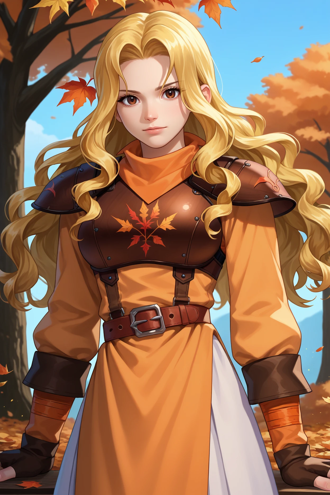 score_9, score_8_up, score_7_up, score_6_up, source_anime, 1girl, solo, <lora:febrigid-pdxl-nvwls-v1-000005:1> fe4ey, blonde hair, wavy hair, long hair, brown eyes, orange dress, long sleeves, armor, shoulder pads, breastplate, belt, fingerless gloves, white pants, brown boots, large breasts, autumn, blue sky, looking at you, upper body