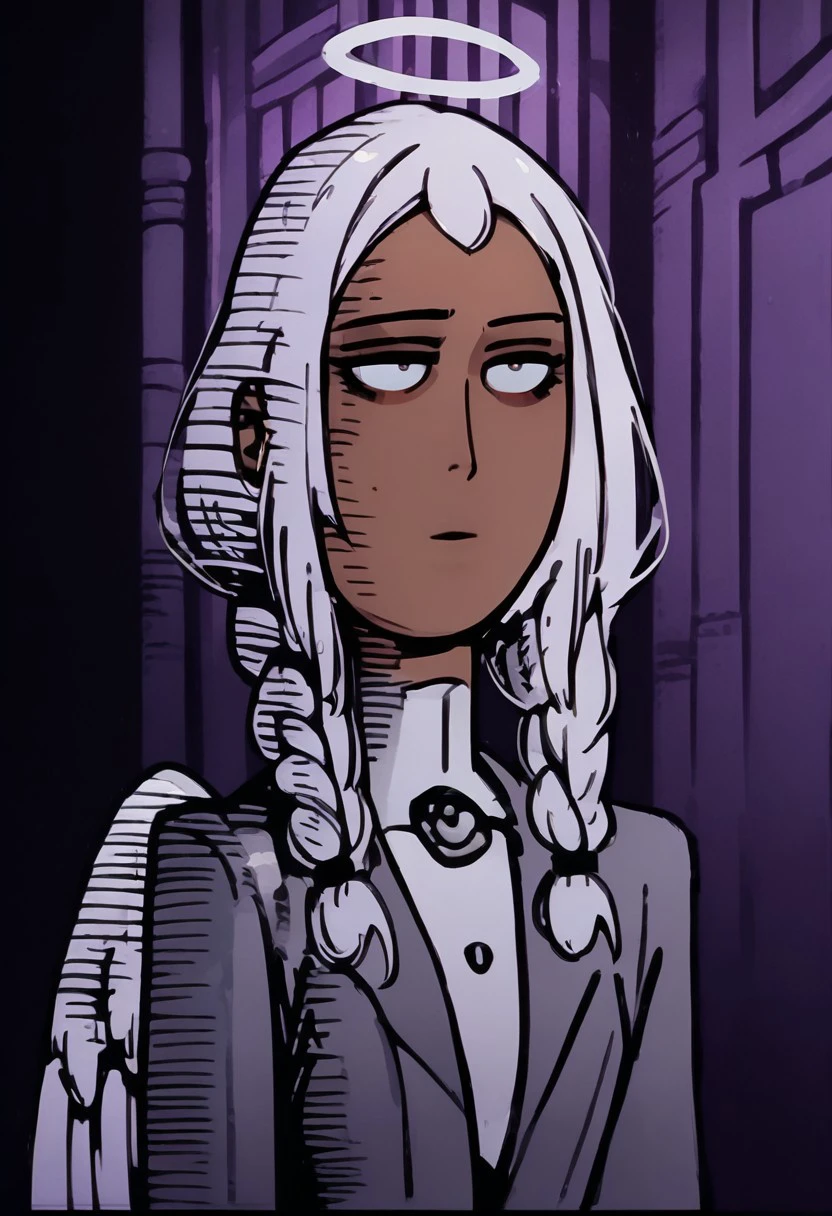 score_9, score_8_up, score_7_up, BREAK, 1woman portrait, beautiful, dramatic lights ((Angel, angel girl, dark skin, dark skinned female, white hair, twin braids, angel wings, feathered wings, suit, grey suit, closed mouth, onepunchman_meme, speech bubble, english text, meme, parody, parallel lines, impact lines, purple gradient background, side view))