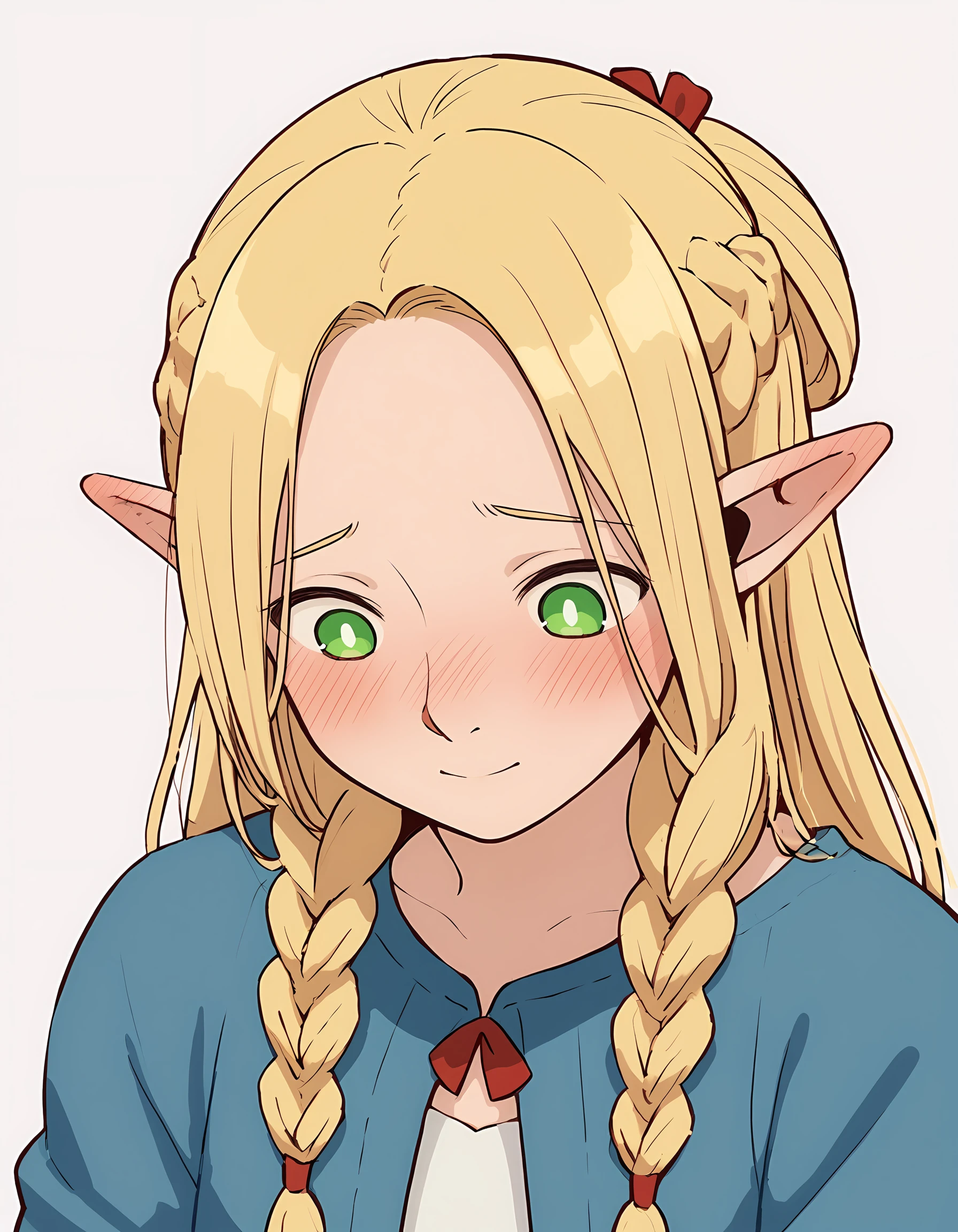 <lora:Marcille:1>marcille-donato, 1girl, french braid, twin braids, half updo, blush, simple background, upper body, smile, closed mouth, looking down, shy