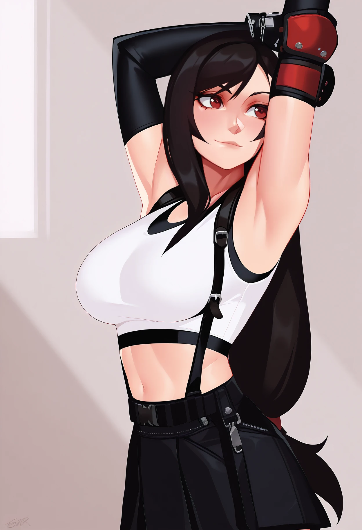 masterpiece, best quality, <break> profile, solo, 1girl, tifa lockhart, final fantasy, light smile, closed mouth, stretching, long hair, black hair, red eyes, white tank top, crop top, black gloves, elbow gloves, suspender skirt, black skirt, large breasts
 <segment:yolo-face_yolov8m.pt,0.4,0.5//cid=1>