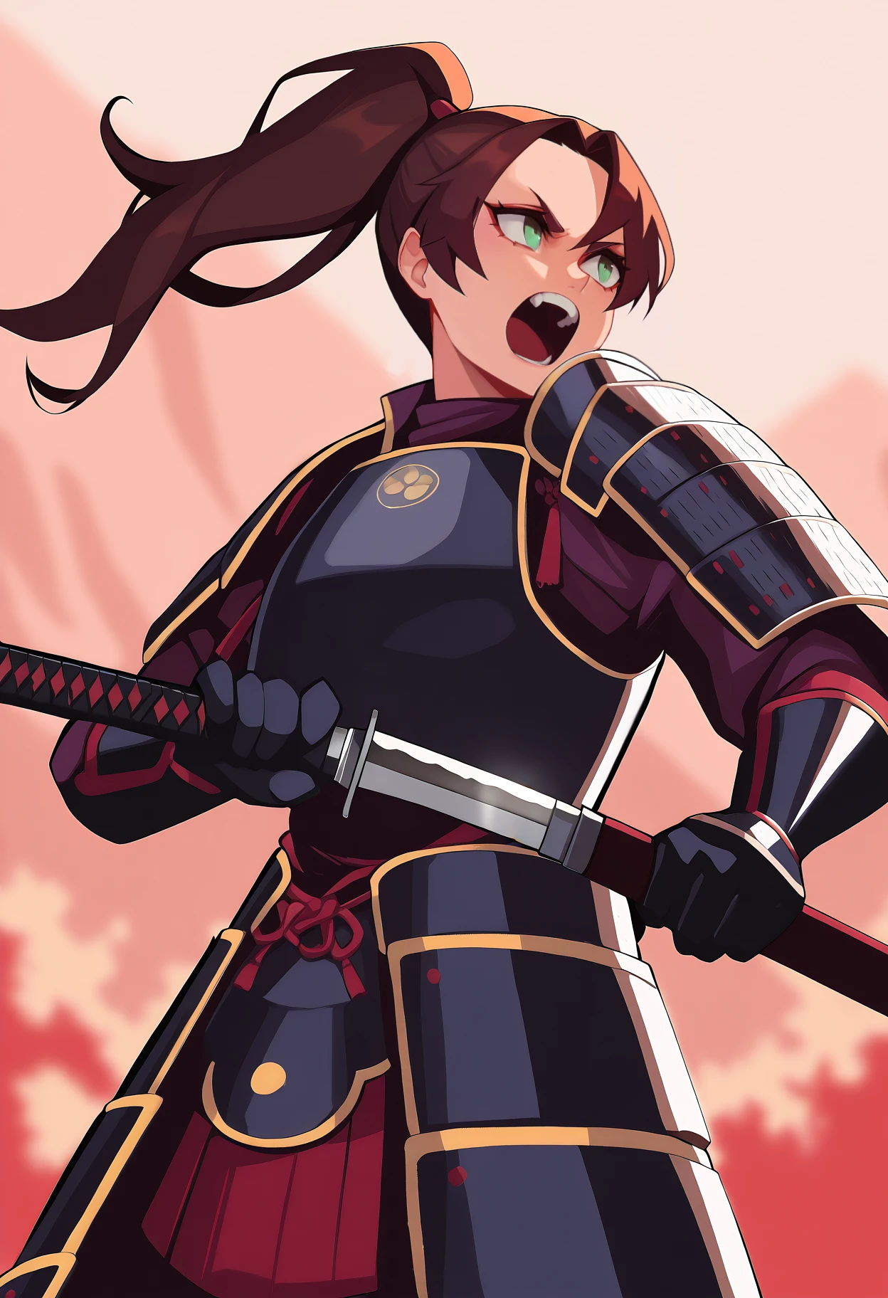 masterpiece, best quality, <break> solo, 1girl, samurai, shouting, looking away, unsheathing, holding katana, brown hair, high ponytail, green eyes, japanese armor, shoulder armor, breastplate, bracer, black gloves, outdoors, fire
 <segment:yolo-face_yolov8m.pt,0.4,0.5//cid=1>