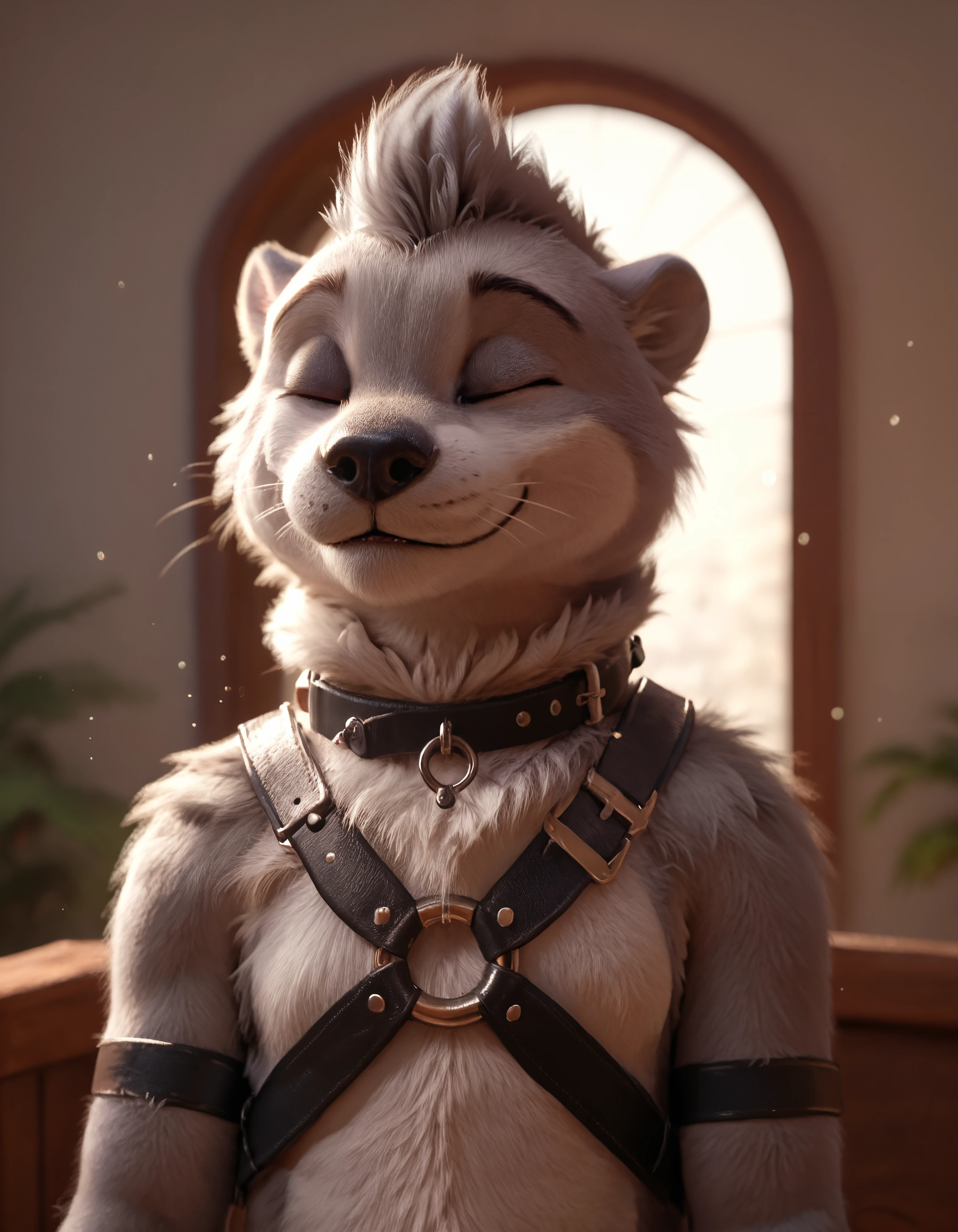 score_9, score_8_up, score_7_up, BREAK rating_safe, detailed, cinematic lighting, hdr, particles, masterpiece, best quality, ultra realistic, 4k, 2k, film photography, RAW photo, photorealistic, analog style, subsurface scattering, photorealism, fluffy fur, detailed fur, <lora:add-detail-xl:3.0>, <lora:2.5DRealisticV2.safetensors:0.25>, <lora:sinfully_stylish_SDXL.safetensors:1.0>, <lora:AdvancedEnhancerXLv2.safetensors:1.0>, dutch angle, (detailed background:1.1), <lora:olive_xylious-10.safetensors:1.0> olive_xylious, anthro, male, solo, male focus, 1boy, clothing, furry, furry male, otter, looking away, fur, clothed, tail, smile, hi res, upper body, harness, collar, o-ring top (close-up, sitting , closed eyes, quarry reflection:1.15)
