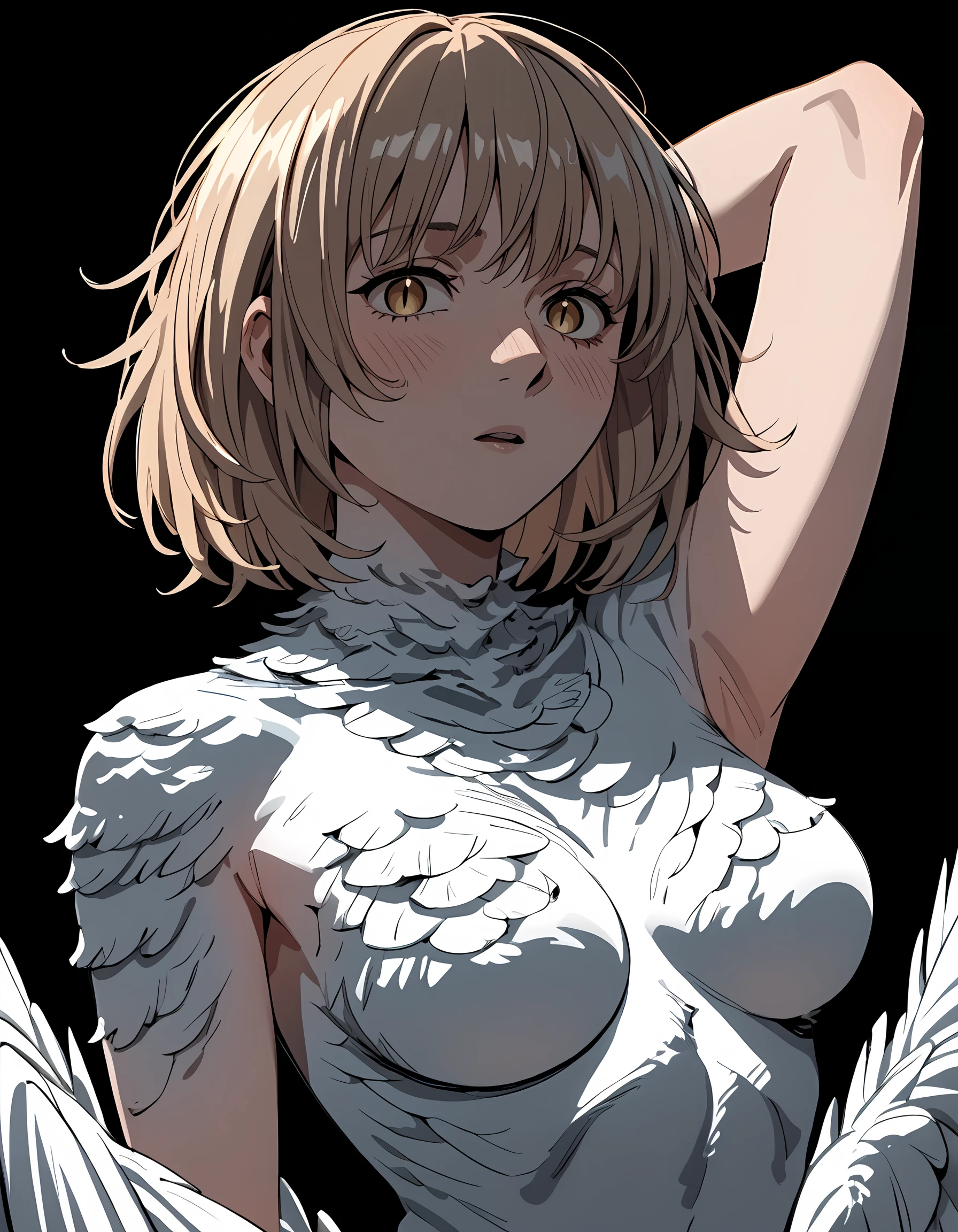 <lora:Falin:1>f4lin-thorden, 1girl, black background, simple background, looking at viewer, breasts, blush, monster girl, upper body, feathered wings, feathers, feathered torso, parted lips, open mouth, naval, nude, one hand behind head, looking away, slit pupils