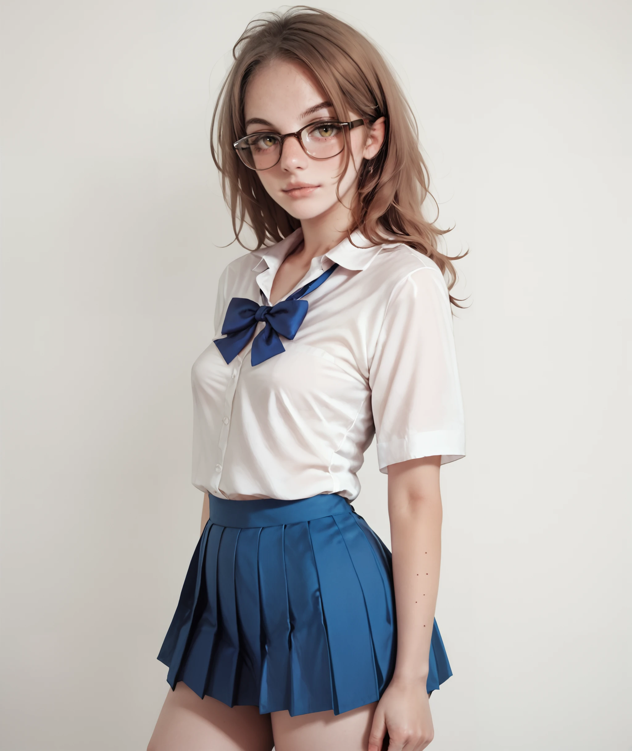 rating_explicit, rating_questionable, score_9, score_8_up, score_7_up, n3rd, glasses, brown hair, small breasts, Sexy, standing, thin white shirt, school uniform, blue pleated skirt, facing viewer