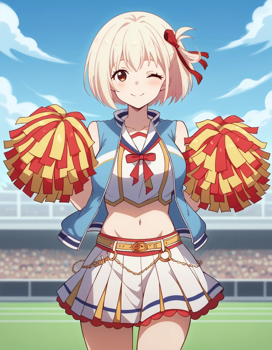 score_9, score_8_up, score_7_up, source_anime, chisatonishikigi, <lora:chisato-nishikigi-s1-ponyxl-lora-nochekaiser:1>, chisato nishikigi, short hair, bangs, blonde hair, red eyes, hair ribbon, one side up, bob cut, large breasts,, <lora:umamusume-nice-nature-cosplay-ponyxl-lora-nochekaiser:1>, umamusume nice nature cosplay, nice nature (umamusume) (cosplay), pom pom (cheerleading), cheerleader, holding pom poms, cosplay, yellow belt, white skirt, midriff, blue jacket, navel, shirt, sleeveless shirt, sleeveless,, outdoors, smile, one eye closed, blush, cowboy shot, looking at viewer