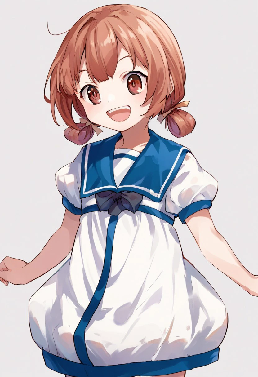 score_9, score_8, score_7, source_anime, kaiboukan yotsu (kancolle), 1girl, solo, twintails, hair rings, dress, white dress, open mouth, sailor dress, smile