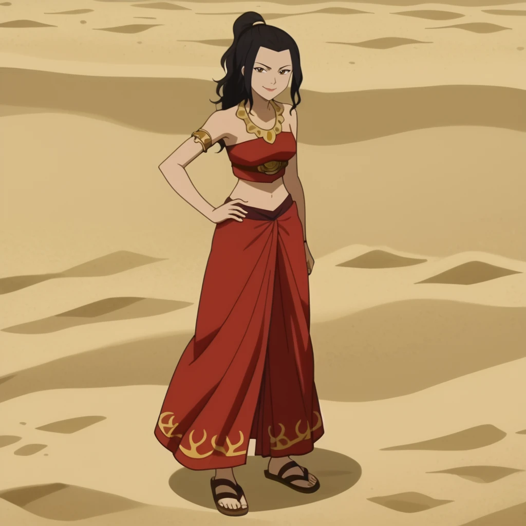 score_4_up, beach, anime screencap, anime coloring, source_anime, <lora:Azula_Wavy_Hair:0.8>, azul4, 1girl, solo, black hair, bare shoulders, necklace,  brown eyes, ponytail, wavy hair, armlet, crop top, sarong, midriff, sandals, toeless footwear,  long skirt,  sleeveless, full body, looking at viewer, hand on own hip, smile, closed mouth,