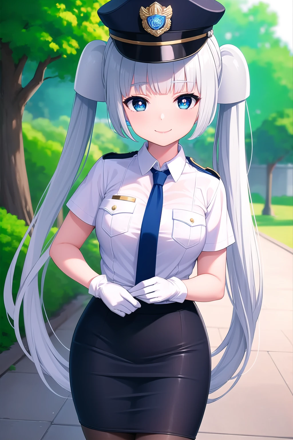 (masterpiece, best quality), highly detailed background, perfect lightingbest quality, missmonochrome, solo, outdoors, nature, policewoman, police hat, blue headwear, white hair, twintails, white hairpods, blunt bangs, sidelocks, very long hair, blue eyes, star-shaped pupils, medium breasts, blue necktie, collared shirt, white shirt, short sleeves, white gloves, pencil skirt, brown pantyhose, police uniform, smile, closed mouth, :), pink lips, <lora:Miss-Monochrome:0.7>