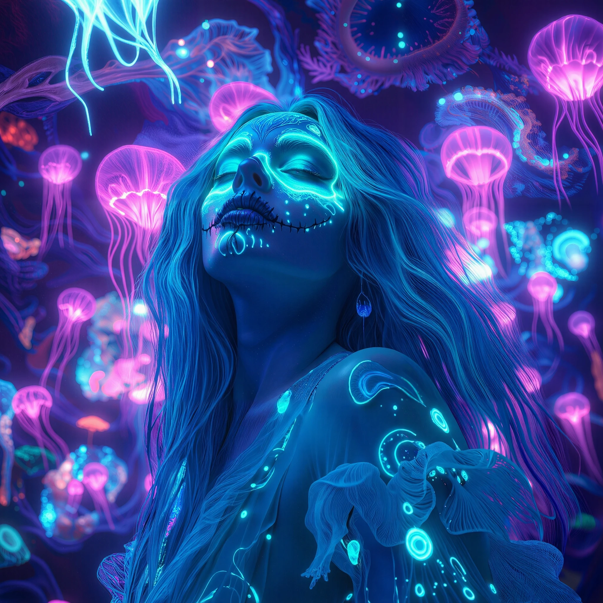 IMG_0012.JPG, Woneon_facepaintflx, A mesmerizing woman with glowing teal hair and an ocean-themed sugar skull face paint, neon-blue and turquoise accents creating an ethereal glow, standing underwater with glowing neon jellyfish and coral surrounding her, wearing a flowing neon-blue dress made of bioluminescent fabric, photo-realistic